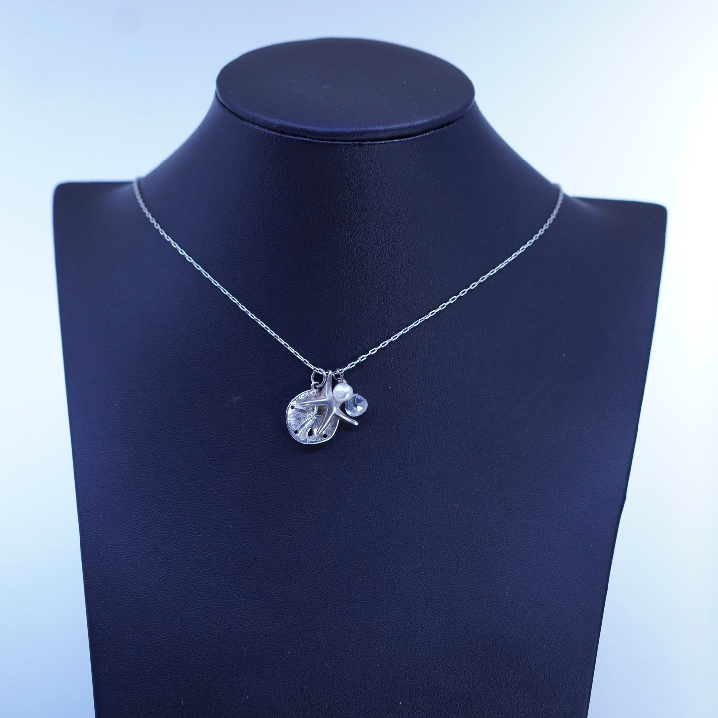 18”, Sterling 925 silver circle necklace sand dollar starfish charms pendant