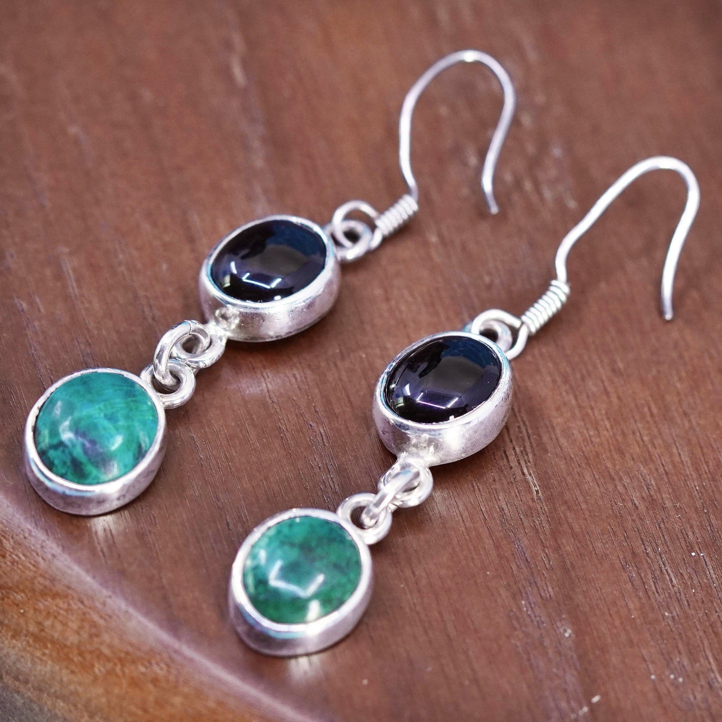 Vintage Mexico Sterling 925 silver handmade earrings with oval onyx turquoise