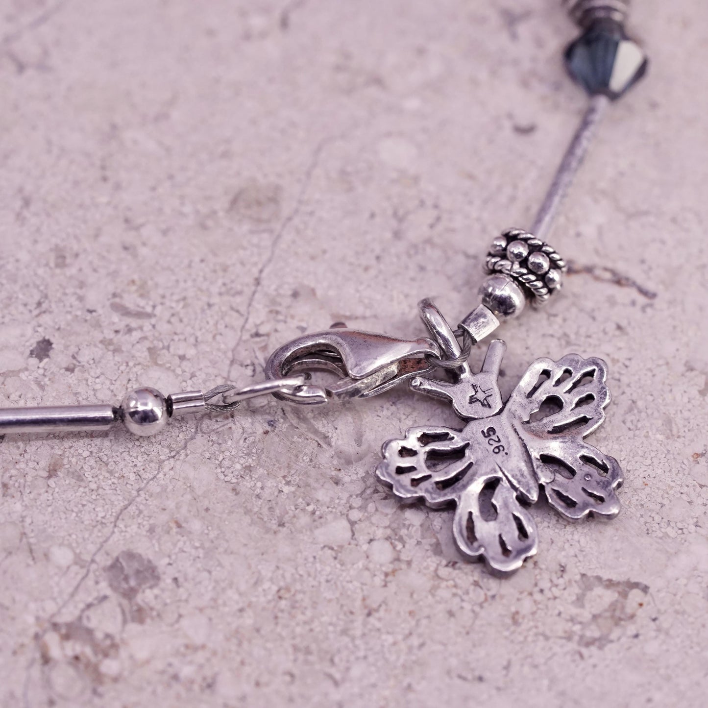 8.5”, Vintage sterling 925 silver bracelet with crystal beads butterfly charm