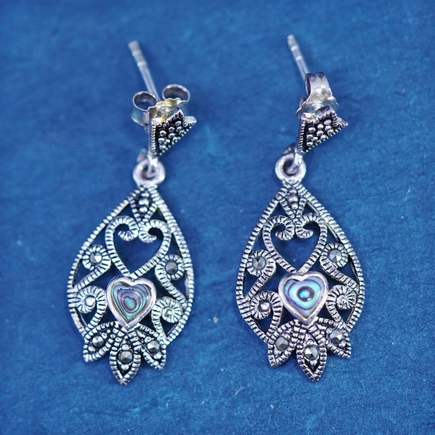 Mexican Sterling 925 silver handmade earrings with heart abalone and marcasite