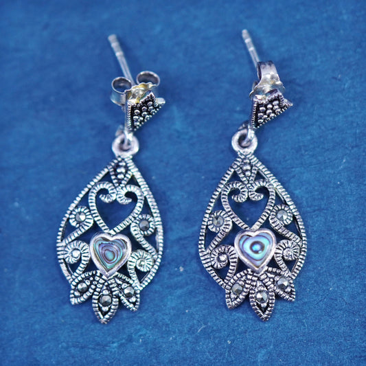 Mexican Sterling 925 silver handmade earrings with heart abalone and marcasite