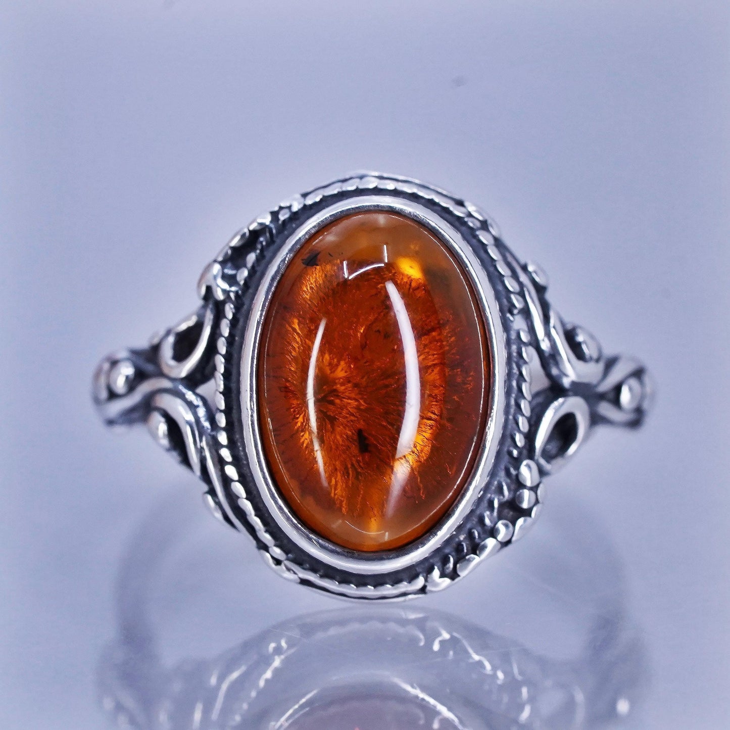 Size 5.5, vintage Sterling 925 silver handmade ring with oval Amber