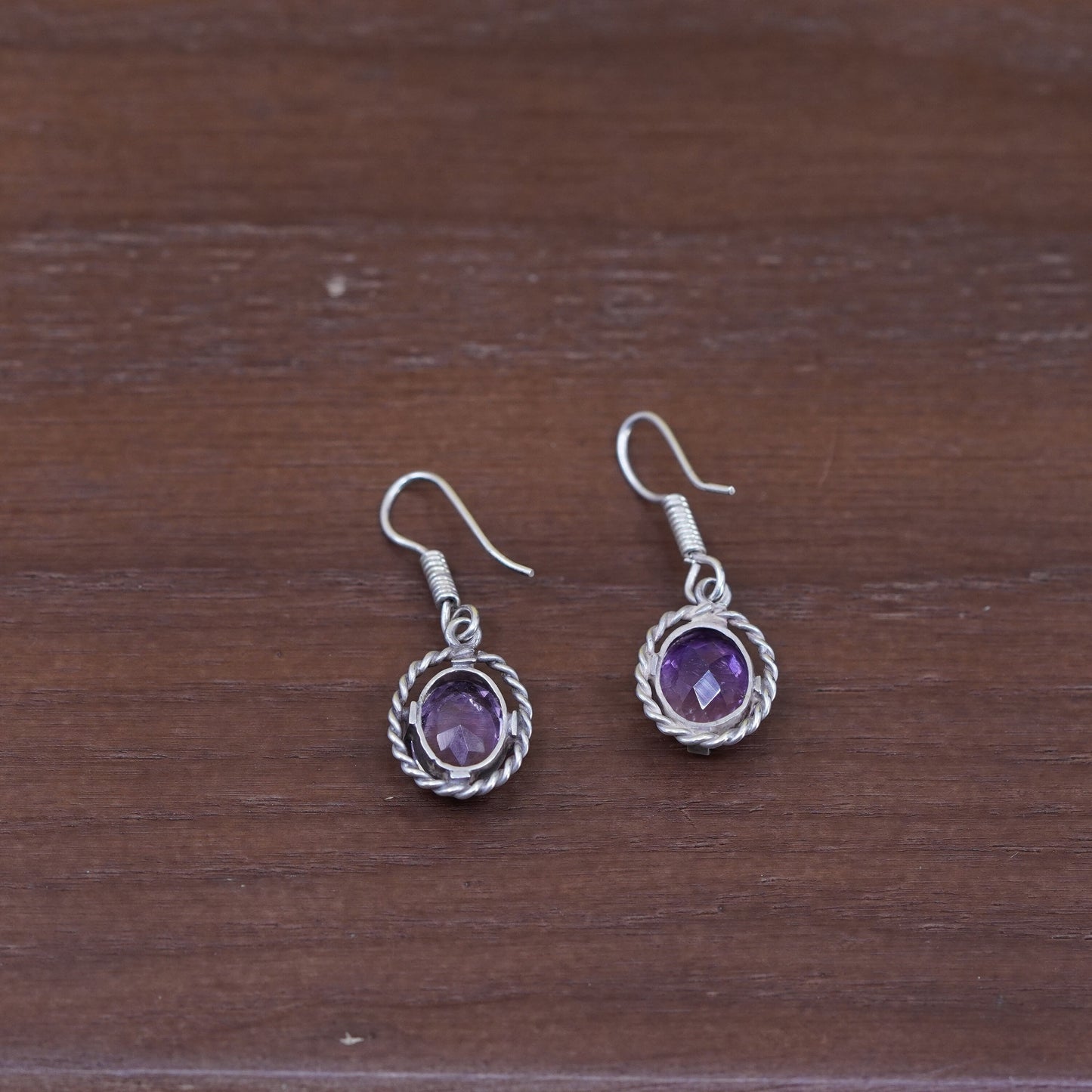 Vintage Sterling 925 silver handmade earrings with amethyst and cable around
