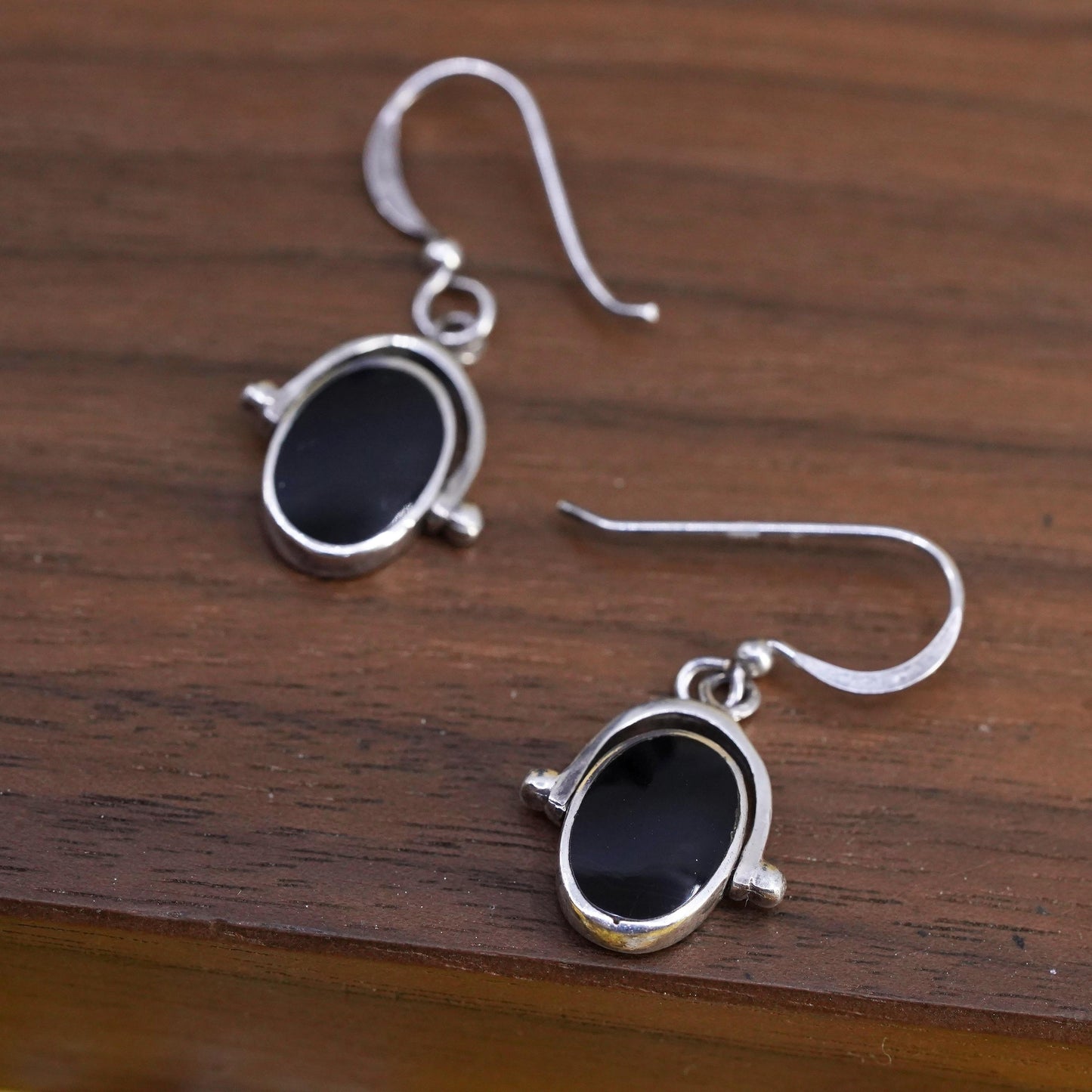 VTG Boma Sterling silver handmade earrings,double sided 925 oval dangles onyx