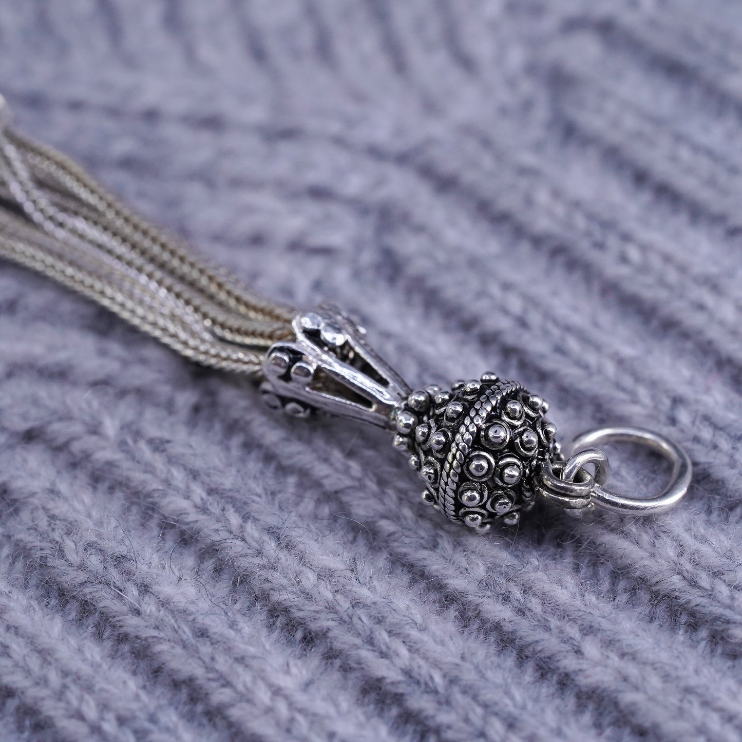 Sterling silver handmade pendant, 925 filigree bead ball with fringe dangles