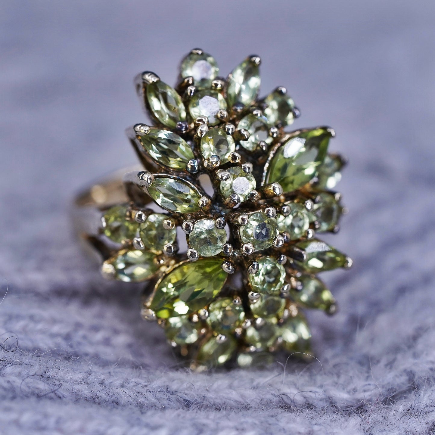 Size 7.25, vermeil gold over Sterling silver ring, 925 band w/ cluster peridot