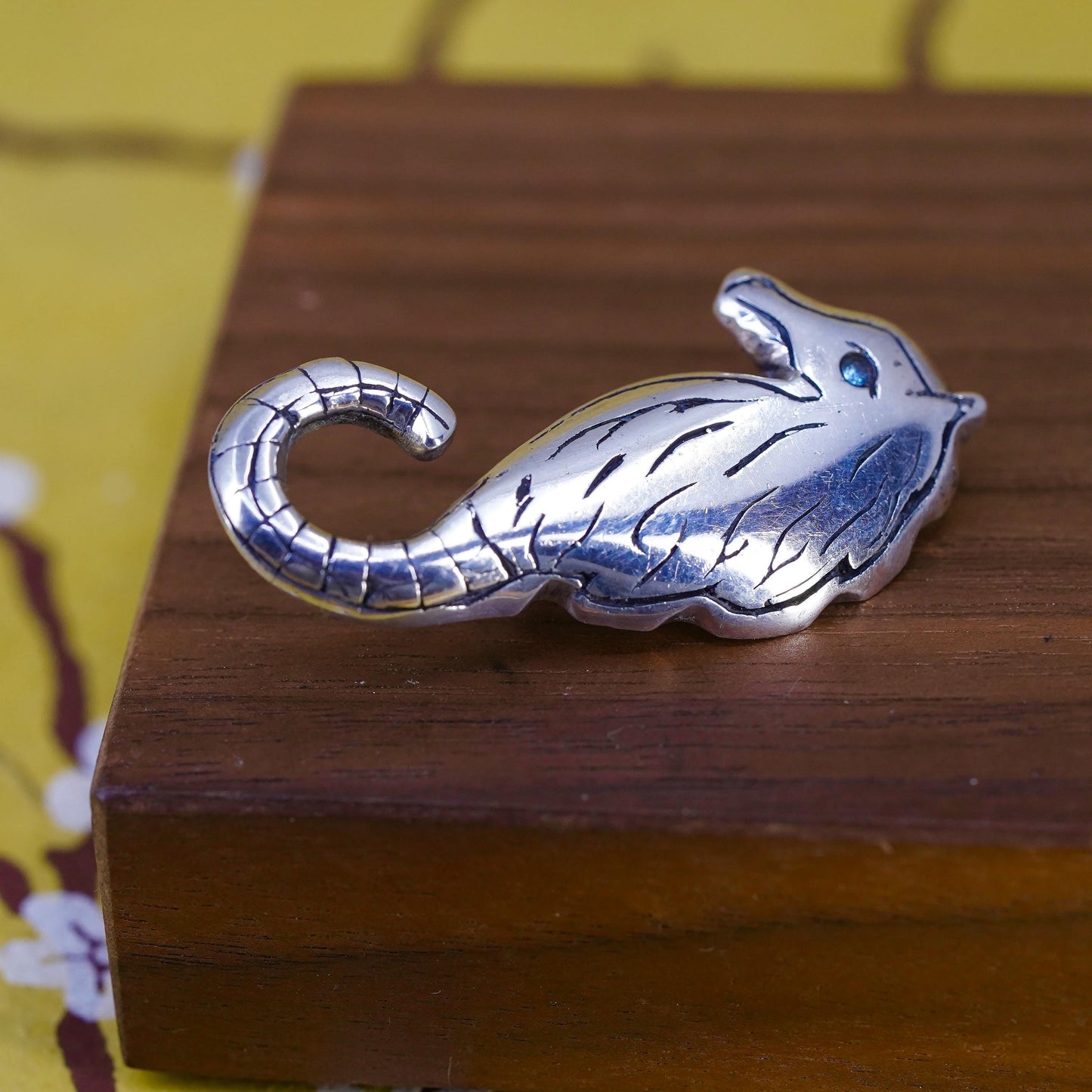 Vintage handmade sterling 925 silver seahorse brooch pin with blue topaz eye