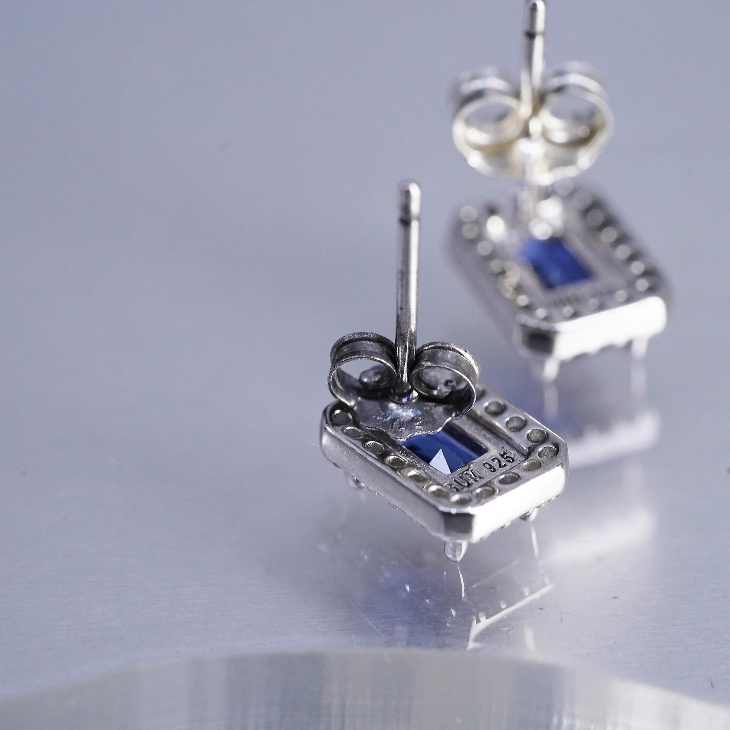 SUN Sterling 925 silver earrings, studs emerald cut sapphire cluster diamonds