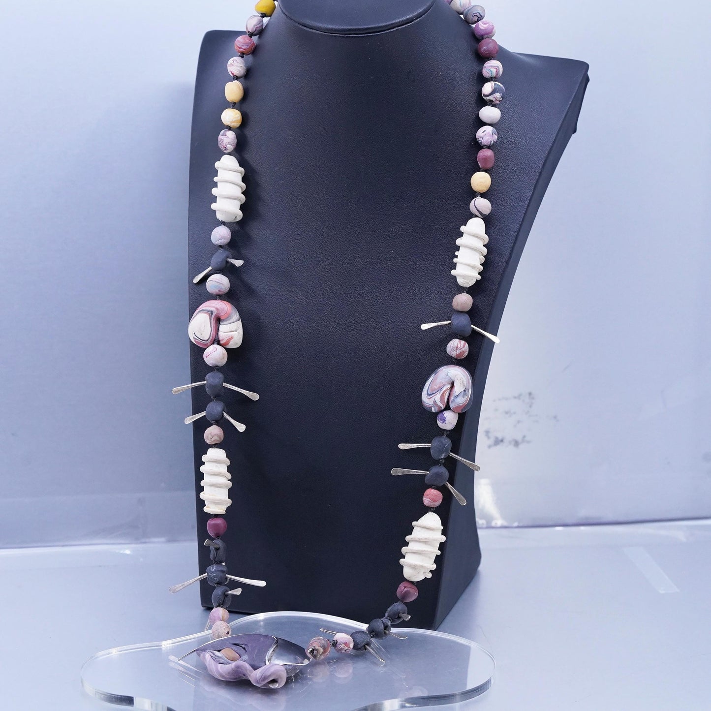 30", Vintage handmade playdoh bead necklace sterling 925 silver pendant brooch