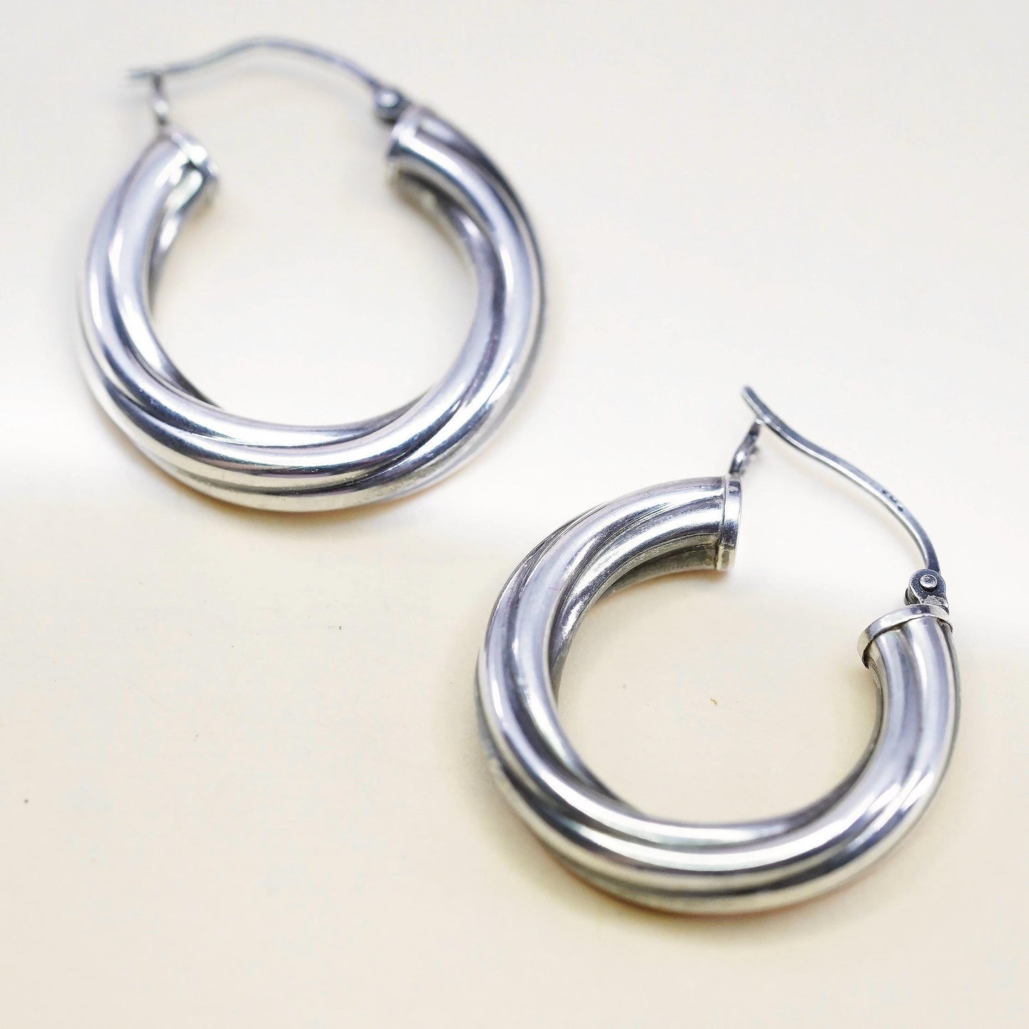 1" Vintage 925 sterling silver bold loop earrings, textured twisted hoops
