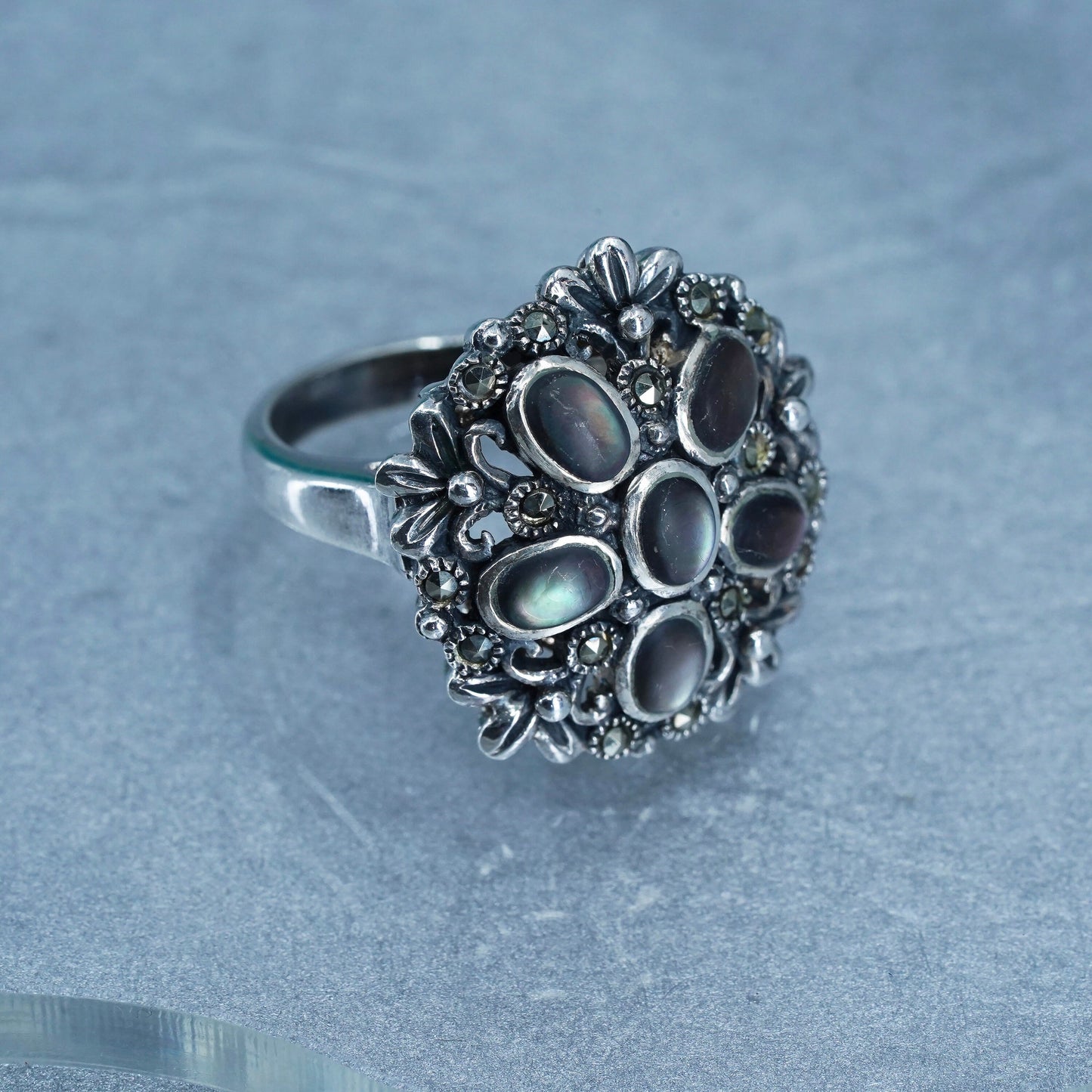 Size 8, southwestern 925 silver ring with abalone and marcasite floral details