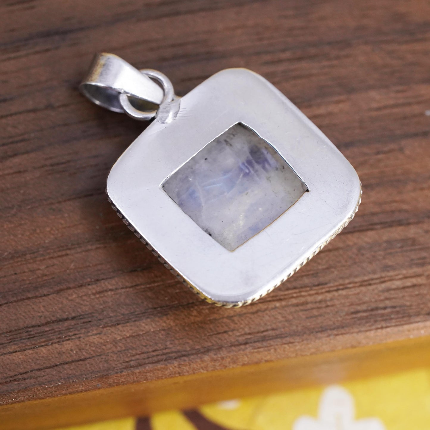Vintage Sterling Silver Handmade Pendant, solid 925 silver square w/ moonstone
