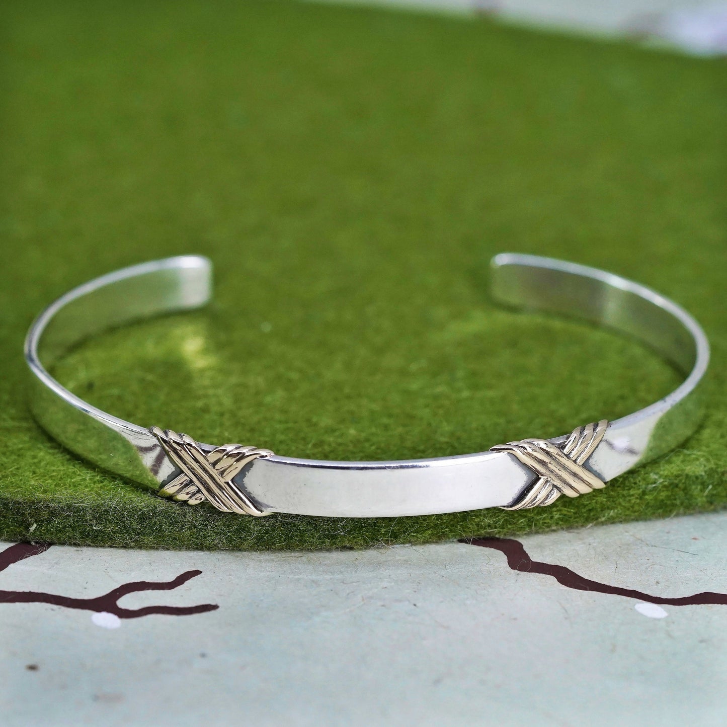 8", Vintage sterling silver 925 handmade cuff bracelet w/ 14K yellow gold trim
