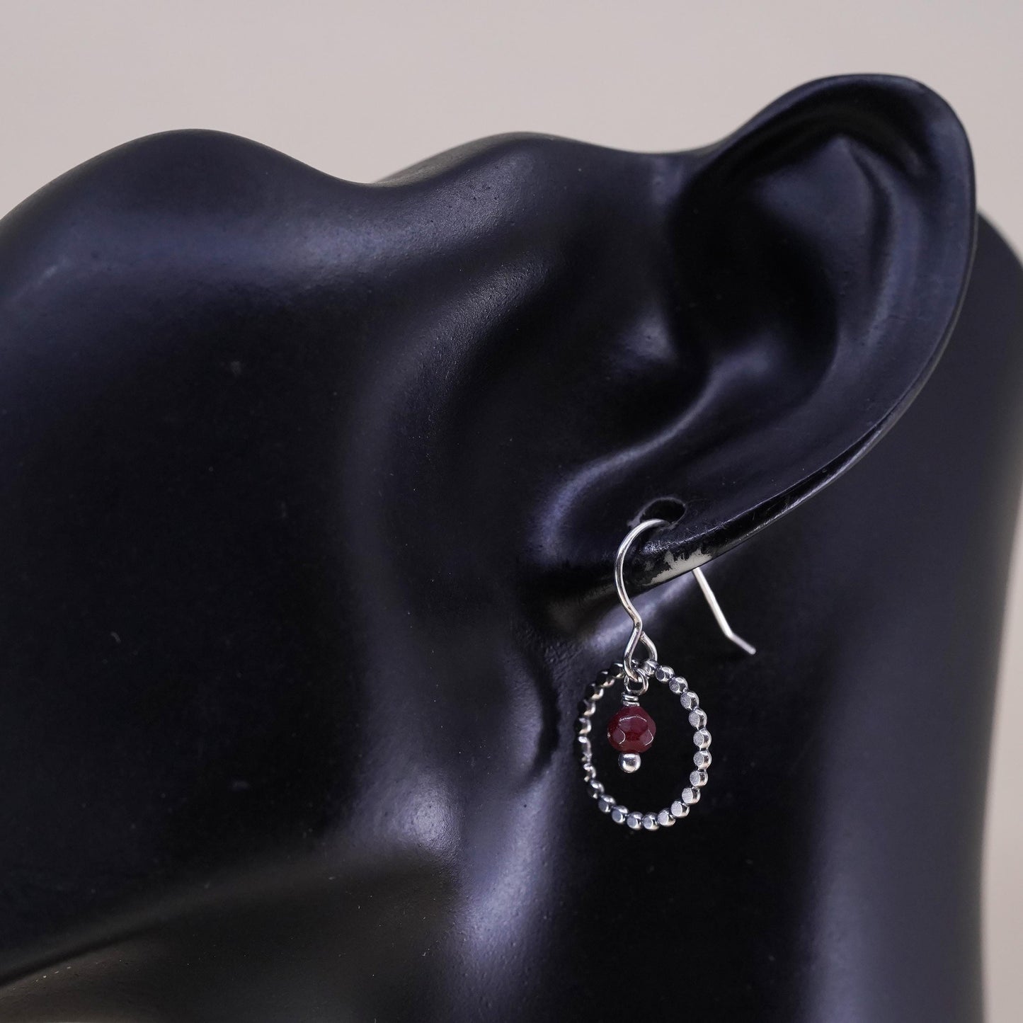 Vintage Sterling silver handmade earrings, 925 circle with Indian ruby