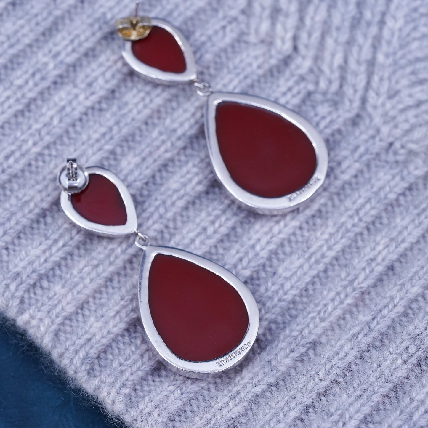 Vintage Sterling silver handmade earrings, 925 teardrop drops with red jasper