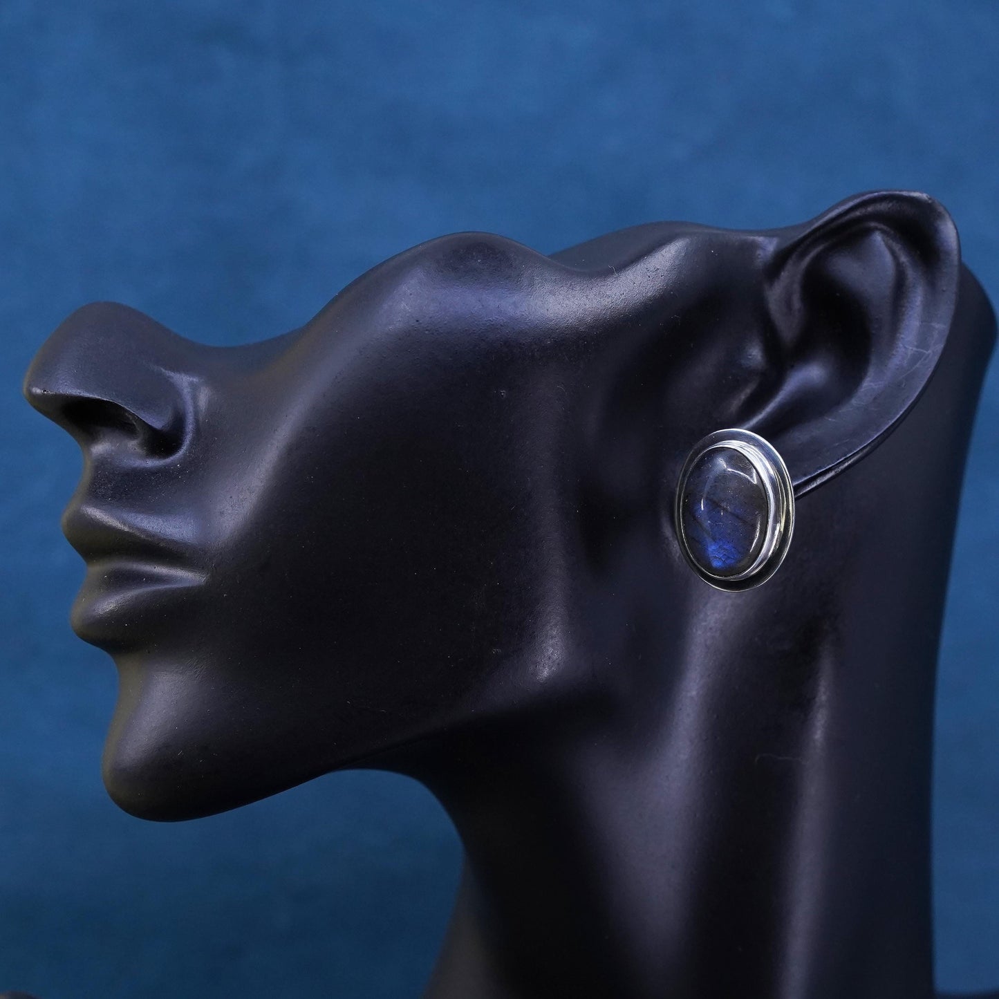 Vintage Mexican sterling silver handmade earrings, 925 oval studs labradorite
