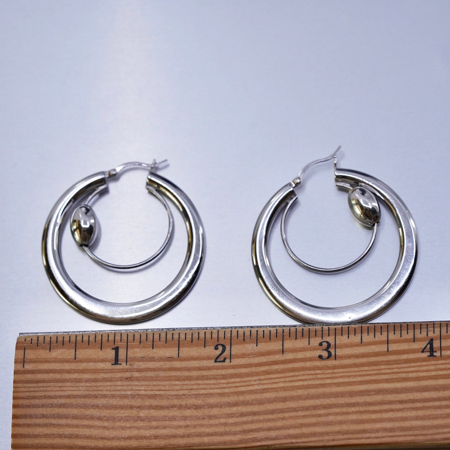 1.75”, vintage Sterling silver handmade earrings, huge 925 bold hoops w/ beads