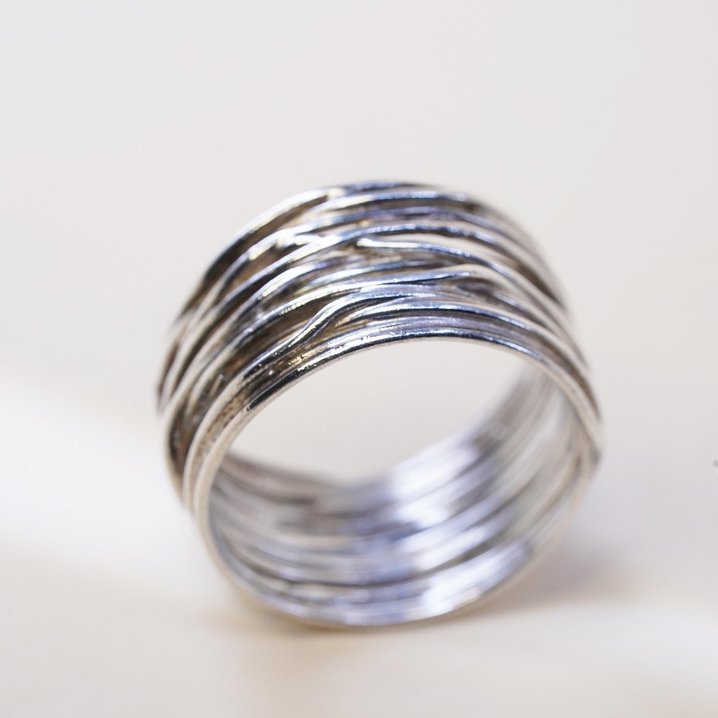 Size 10, vintage Sterling silver handmade ring, 925 wide band wired textured