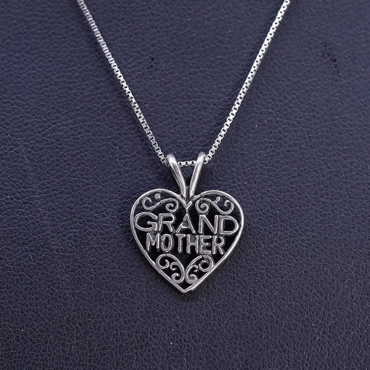 16", Vintage sterling 925 silver box chain necklace grandmother heart pendant