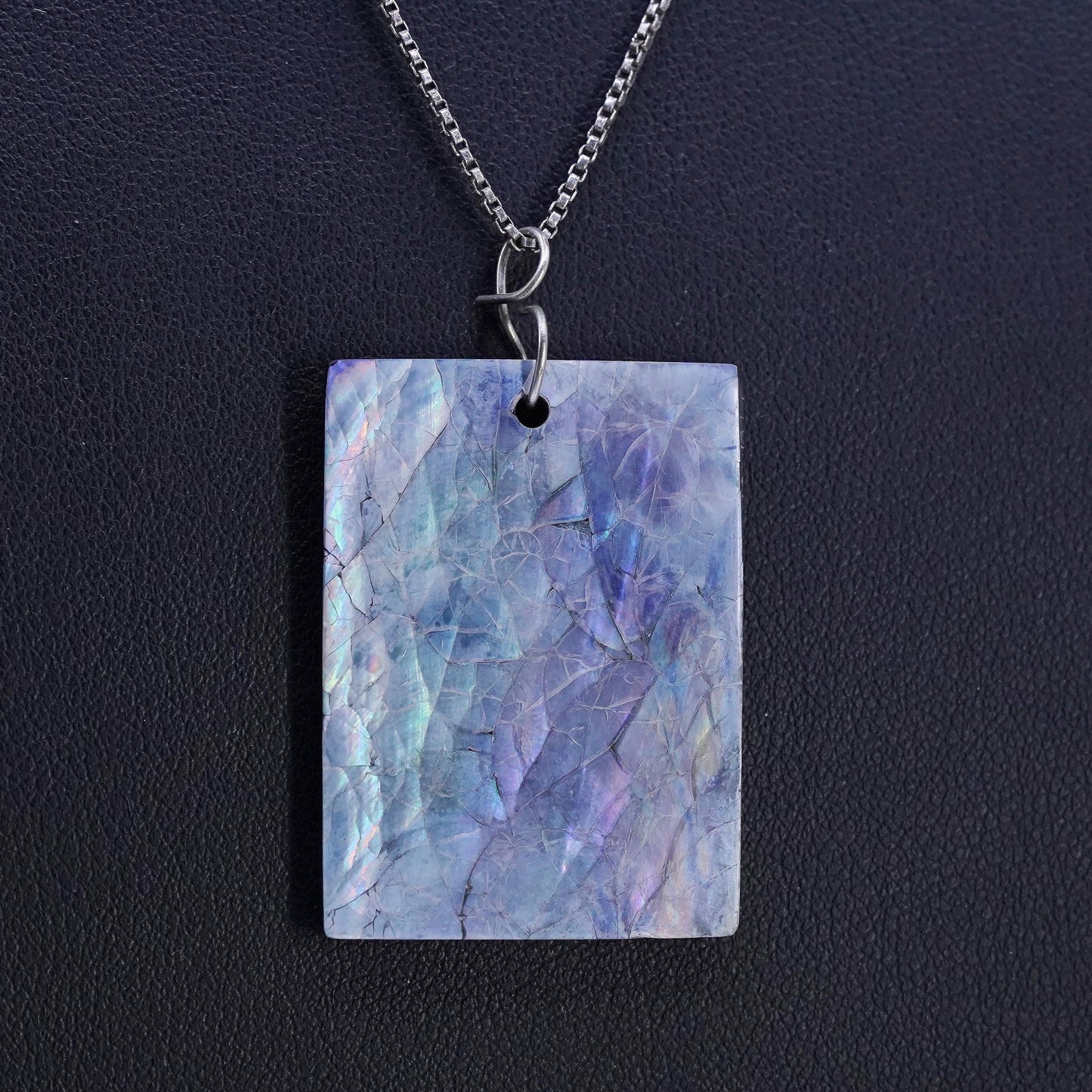 17" 1mm, vintage Sterling 925 silver box necklace with abalone shell pendant
