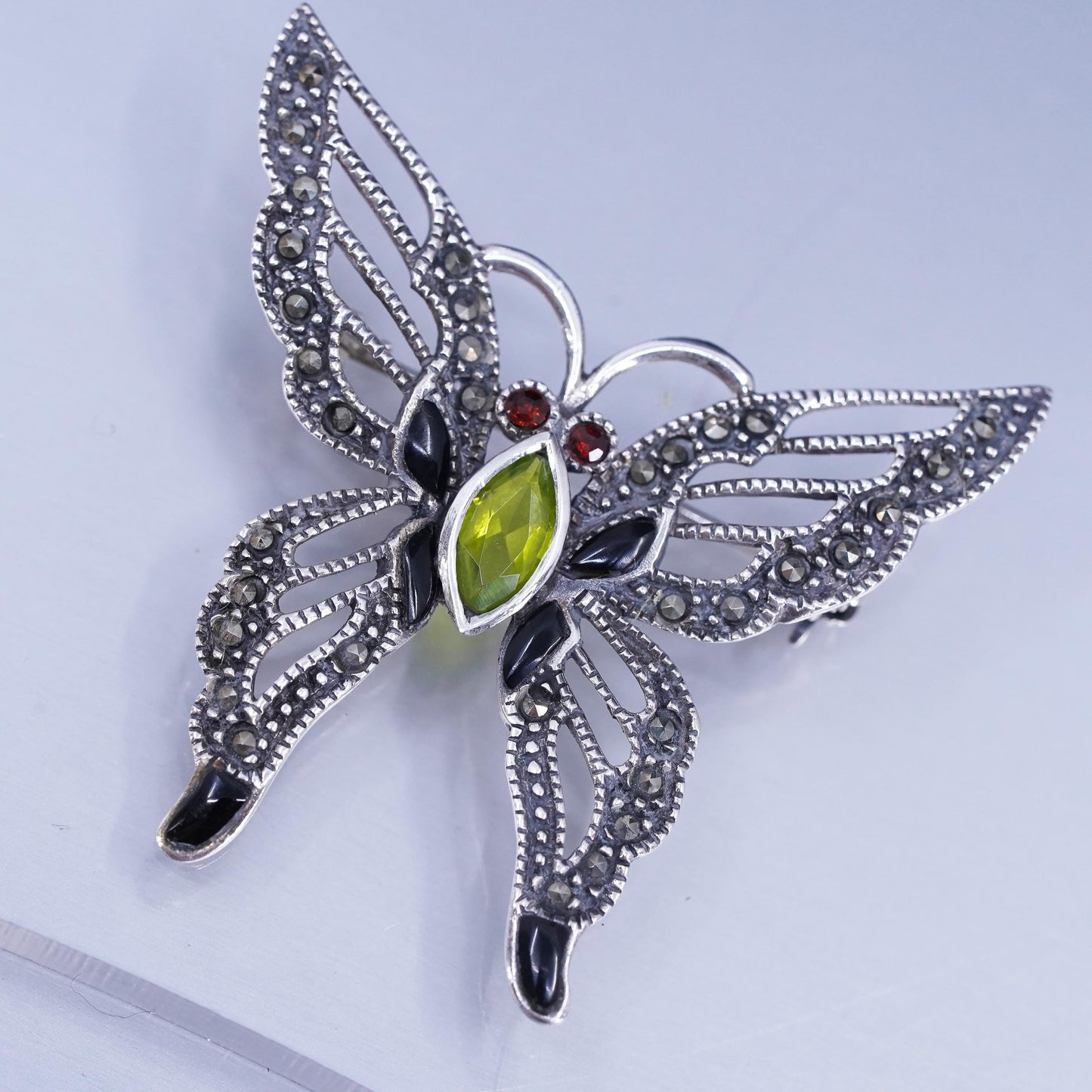 sterling silver brooch, 925 butterfly pin with peridot garnet and Marcasite