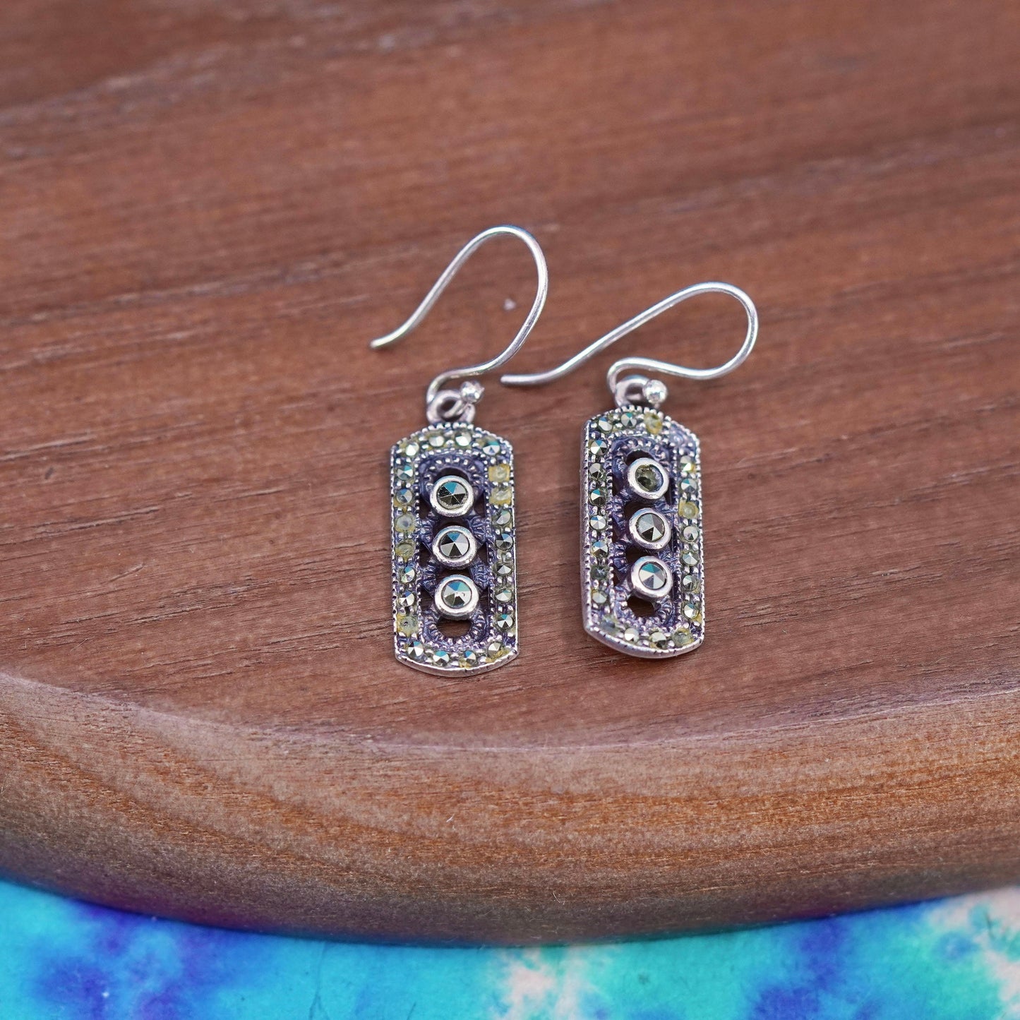 sterling silver handmade earrings, 925 rectangular dangles w/ marcasite inlay