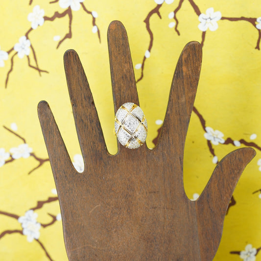 Size 6, two tone gold Sterling silver 925 cocktail filigree oval ring W diamond