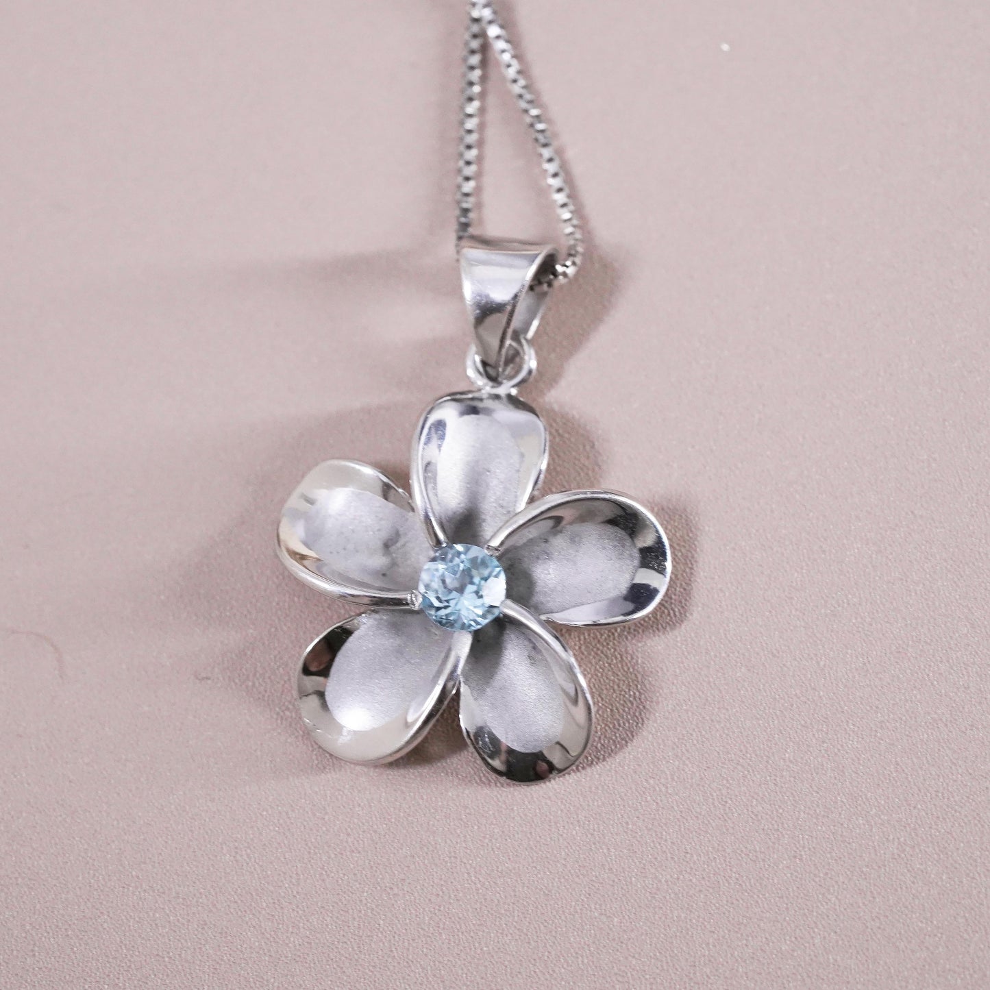 18”, Vintage Sterling silver handmade pendant, 925 box chain plumeria flower cz