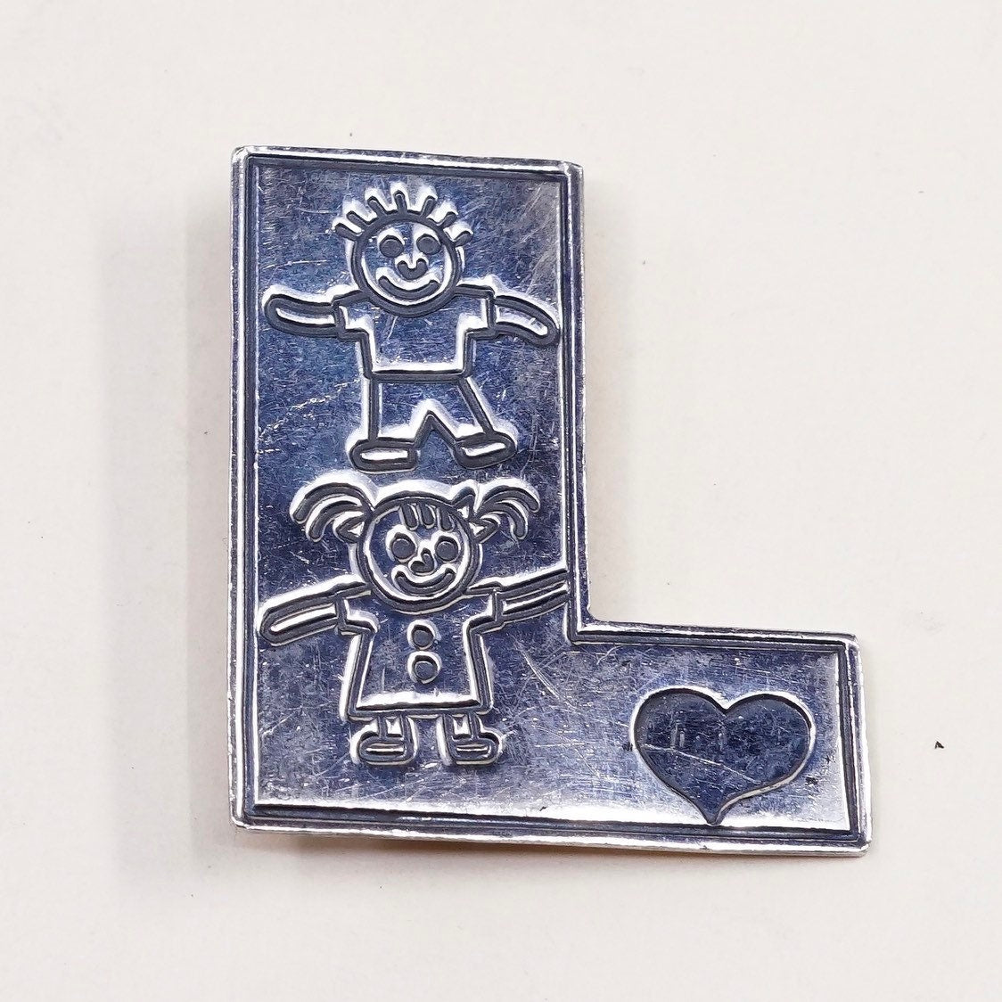 Antique sterling silver handmade brooch, solid 925 silver save the children with hearts, stamped "Mexico 925 EFS”