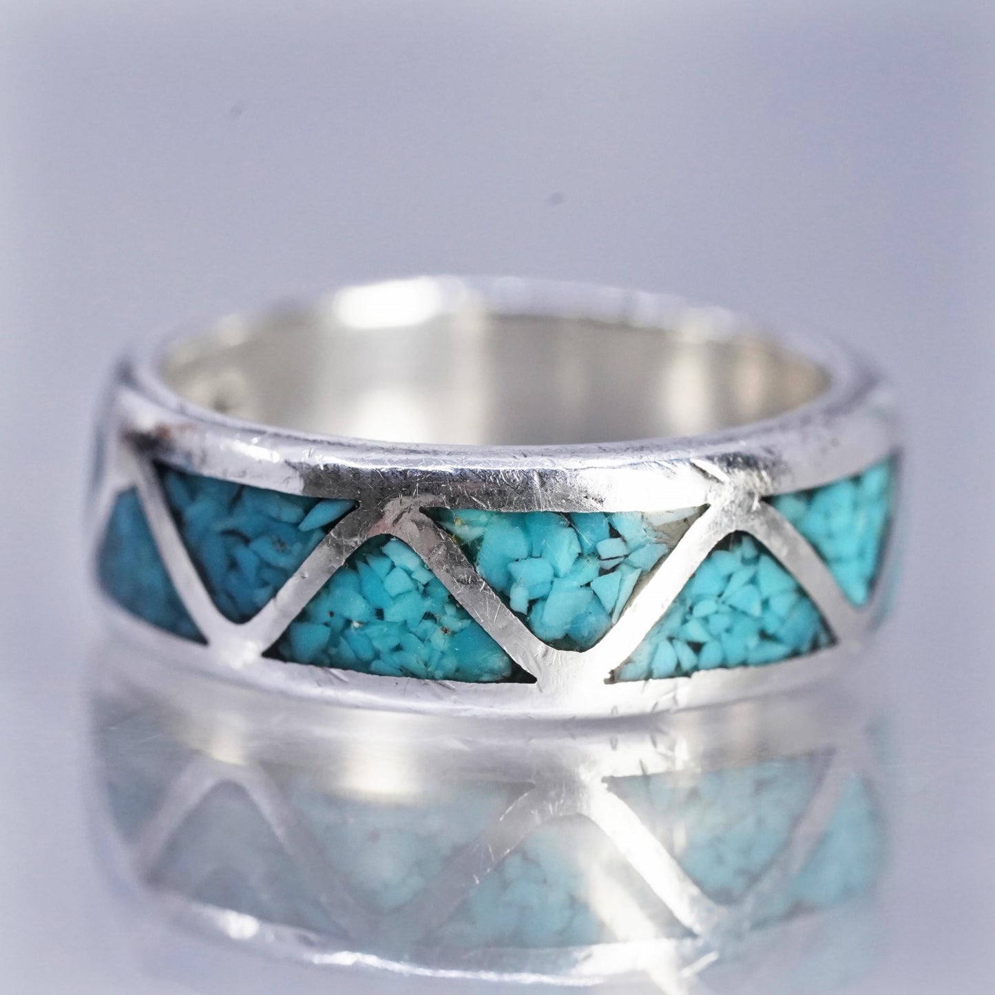 size 5.25, Native American Zuni Sterling Silver Ring, 925 zigzag band turquoise