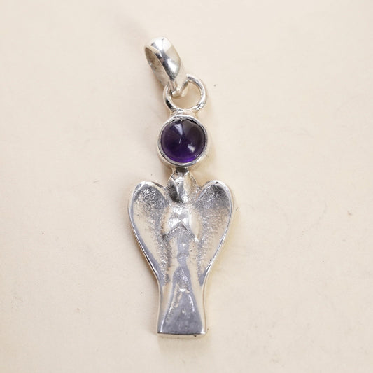Vintage Sterling silver handmade angel pendant, 925 charm with amethyst