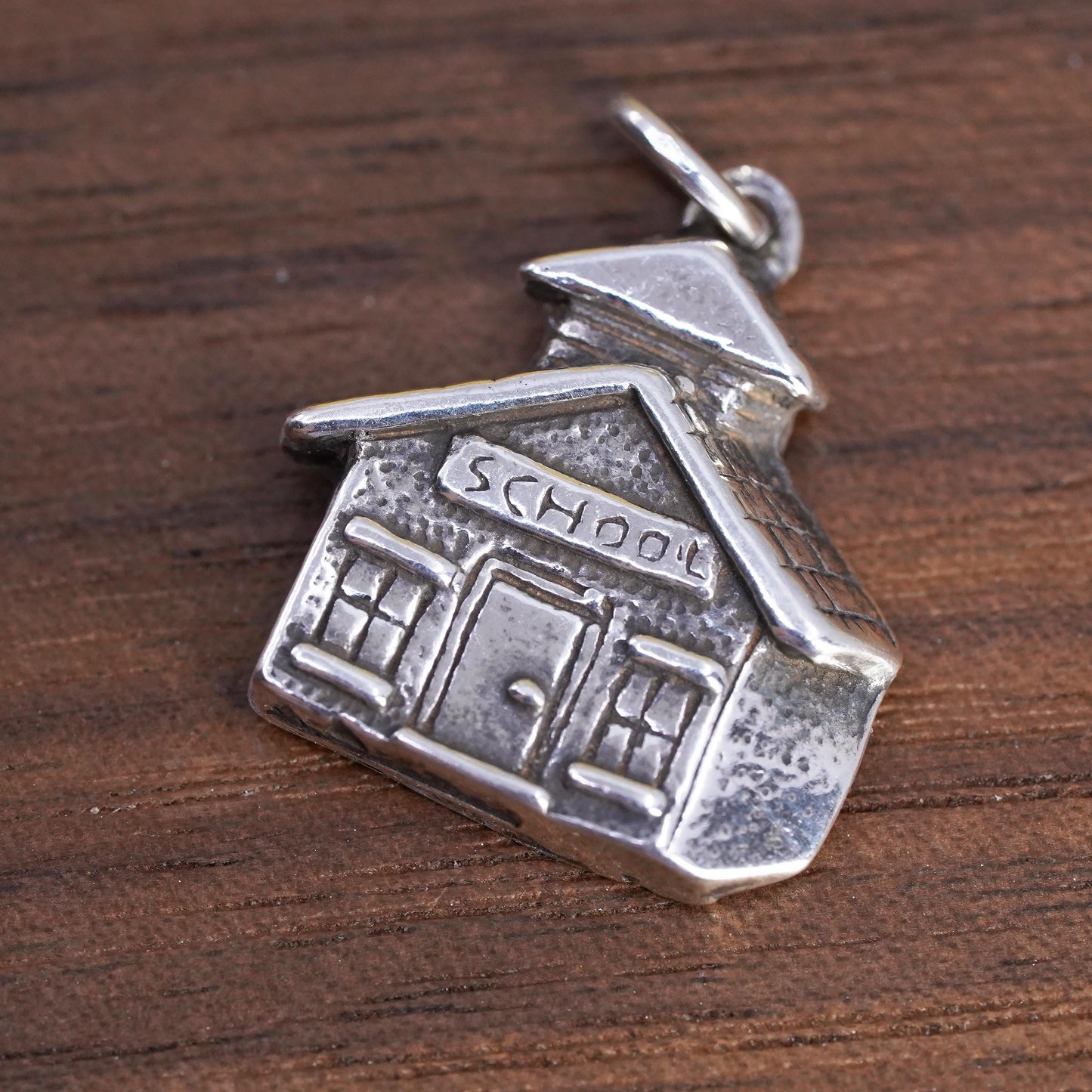 Vintage Sterling 925 silver handmade tag, school house charm pendant