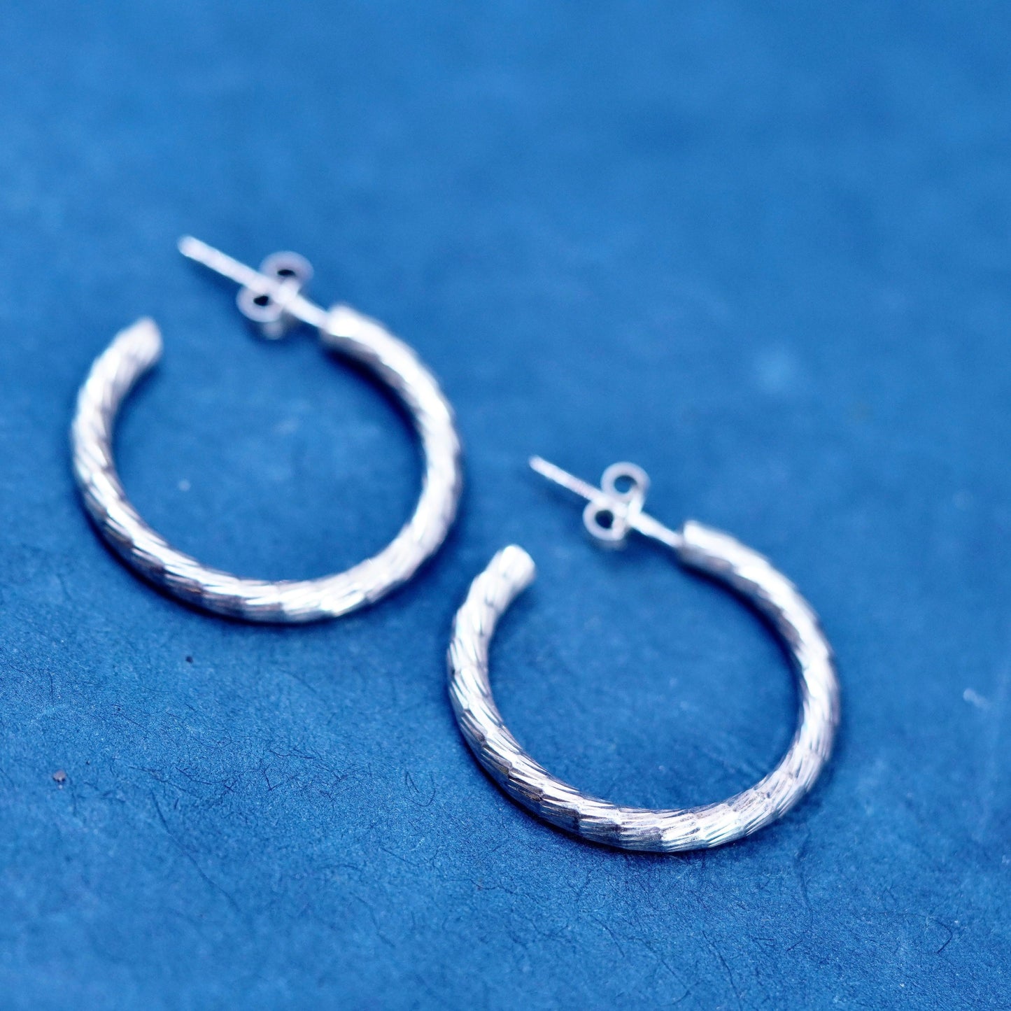 1”, vintage Sterling silver handmade earrings, textured 925 hoops, huggie