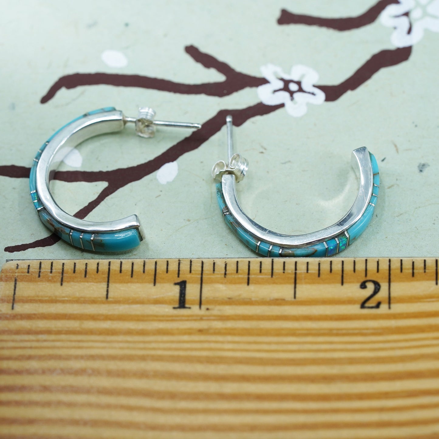 1”, Native American Sterling silver earrings, 925 huggie studs turquoise opal