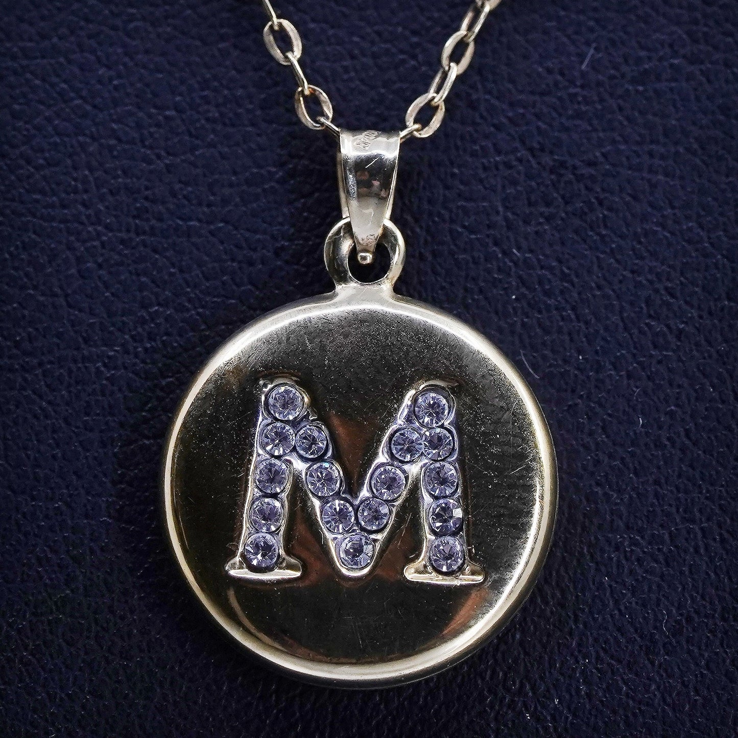 18”, vermeil gold over Sterling 925 silver circle necklace letter M pendant cz