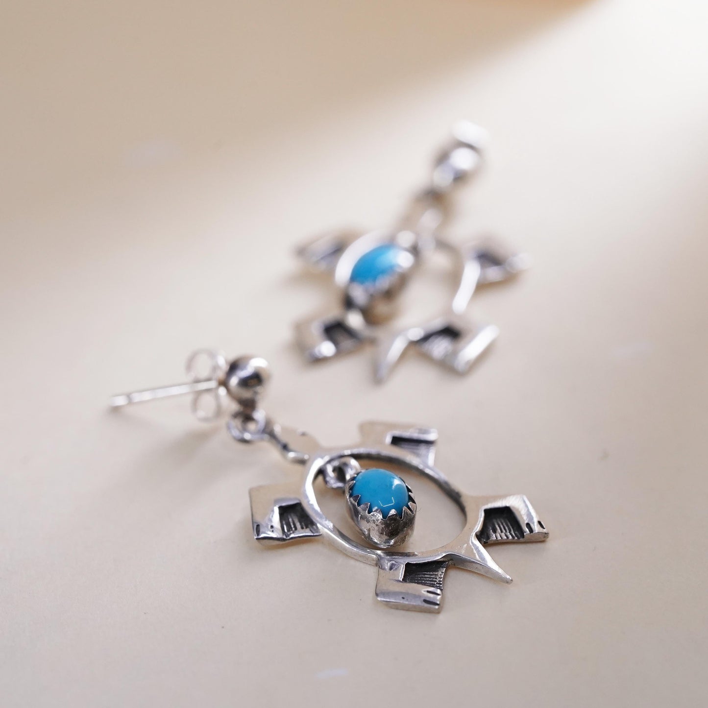 Native American Sterling silver handmade earrings, navajo 925 turtle turquoise