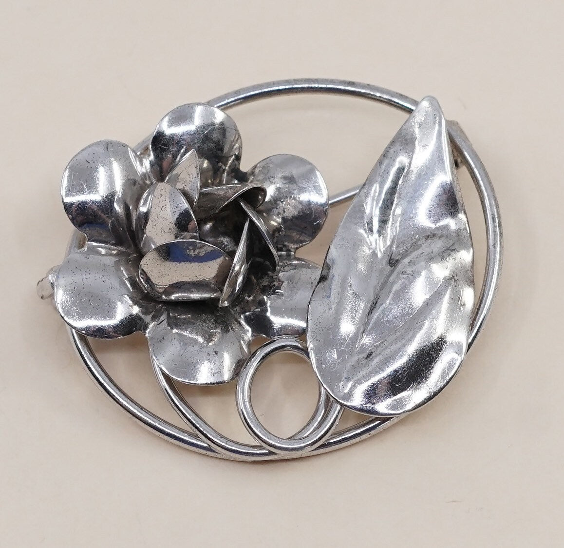 Vintage sterling silver handmade brooch, solid 925 silver flowers, stamped handmade sterling