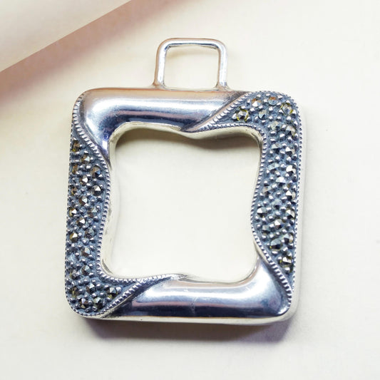 vintage sterling 925 silver handmade square pendant with cluster marcasite