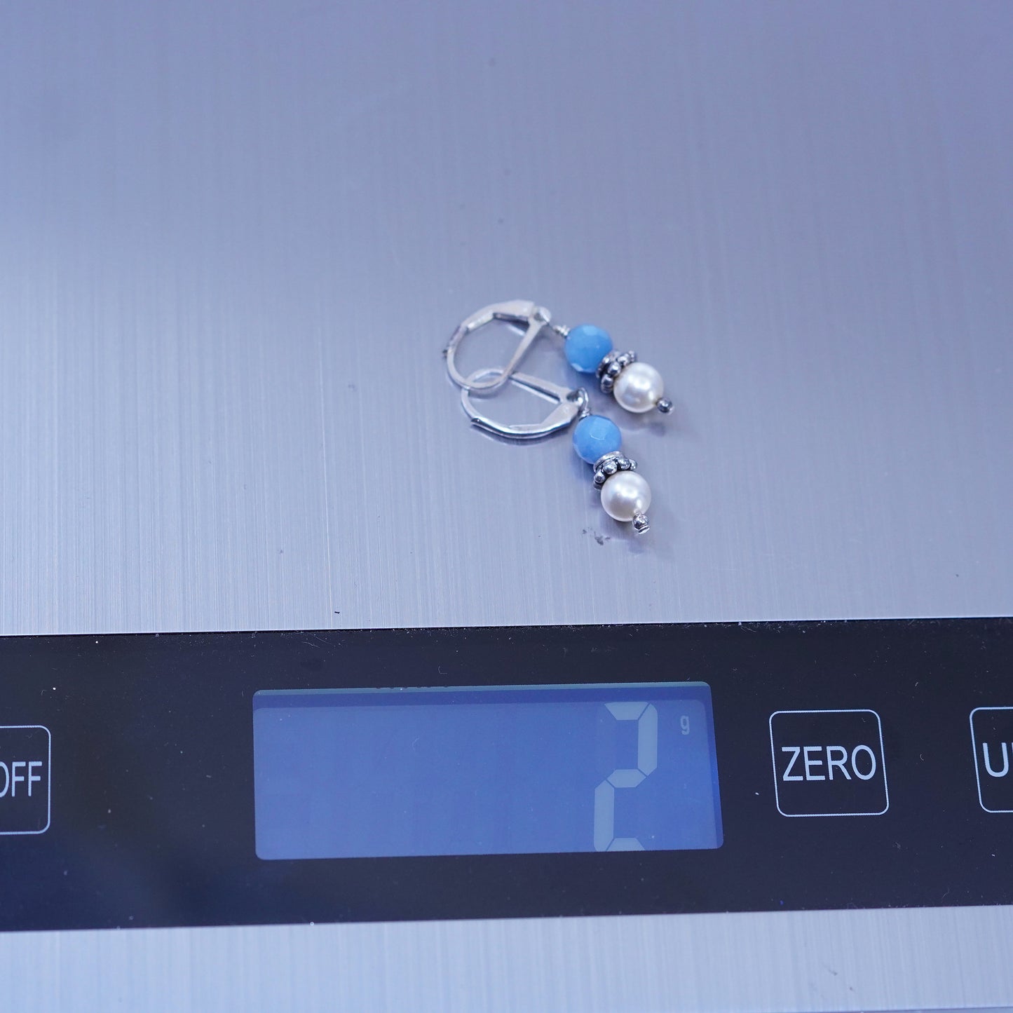 Vintage sterling silver 925 earrings with pearl and blue crystal