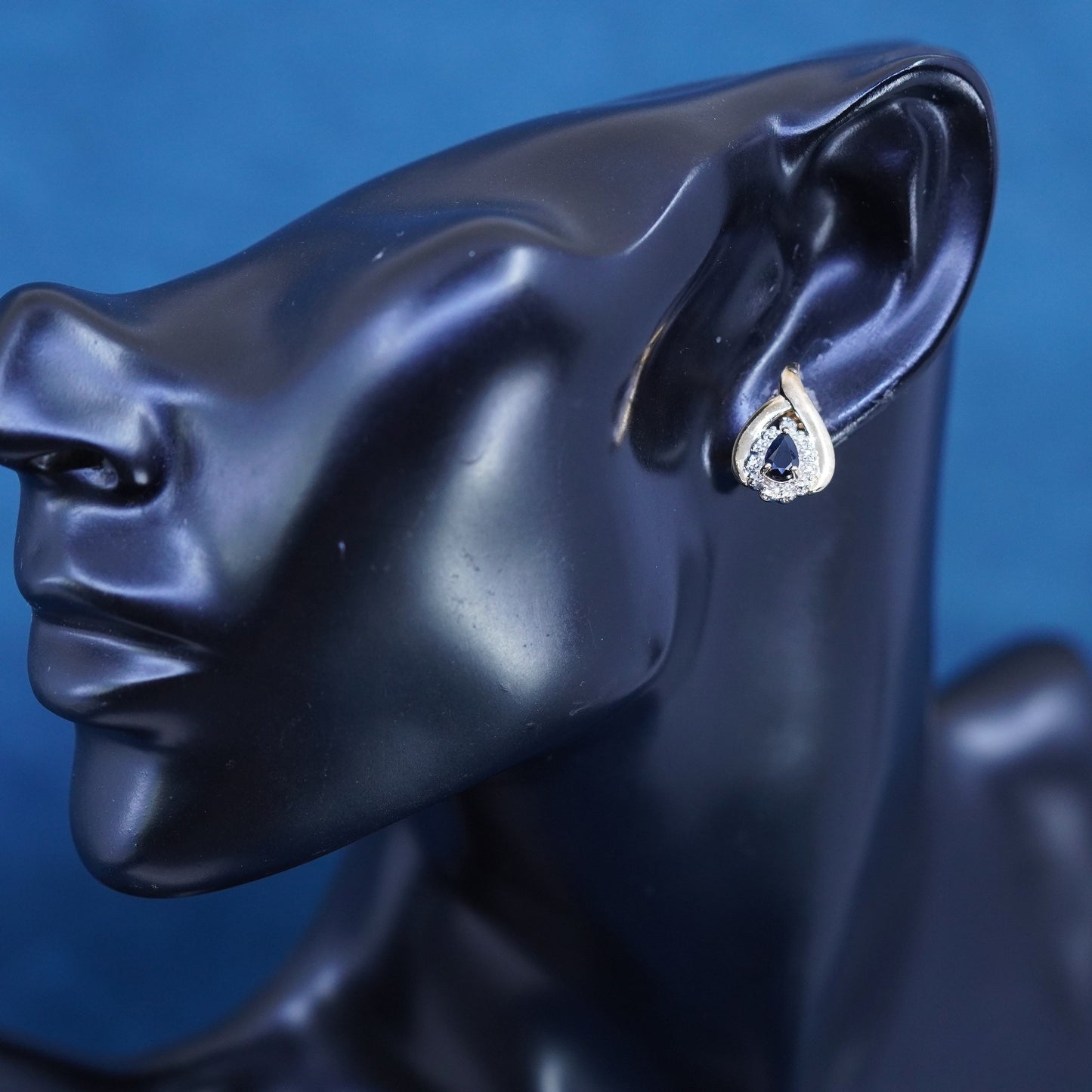 vermeil gold over Sterling silver earrings, 925 teardrop studs sapphire diamond