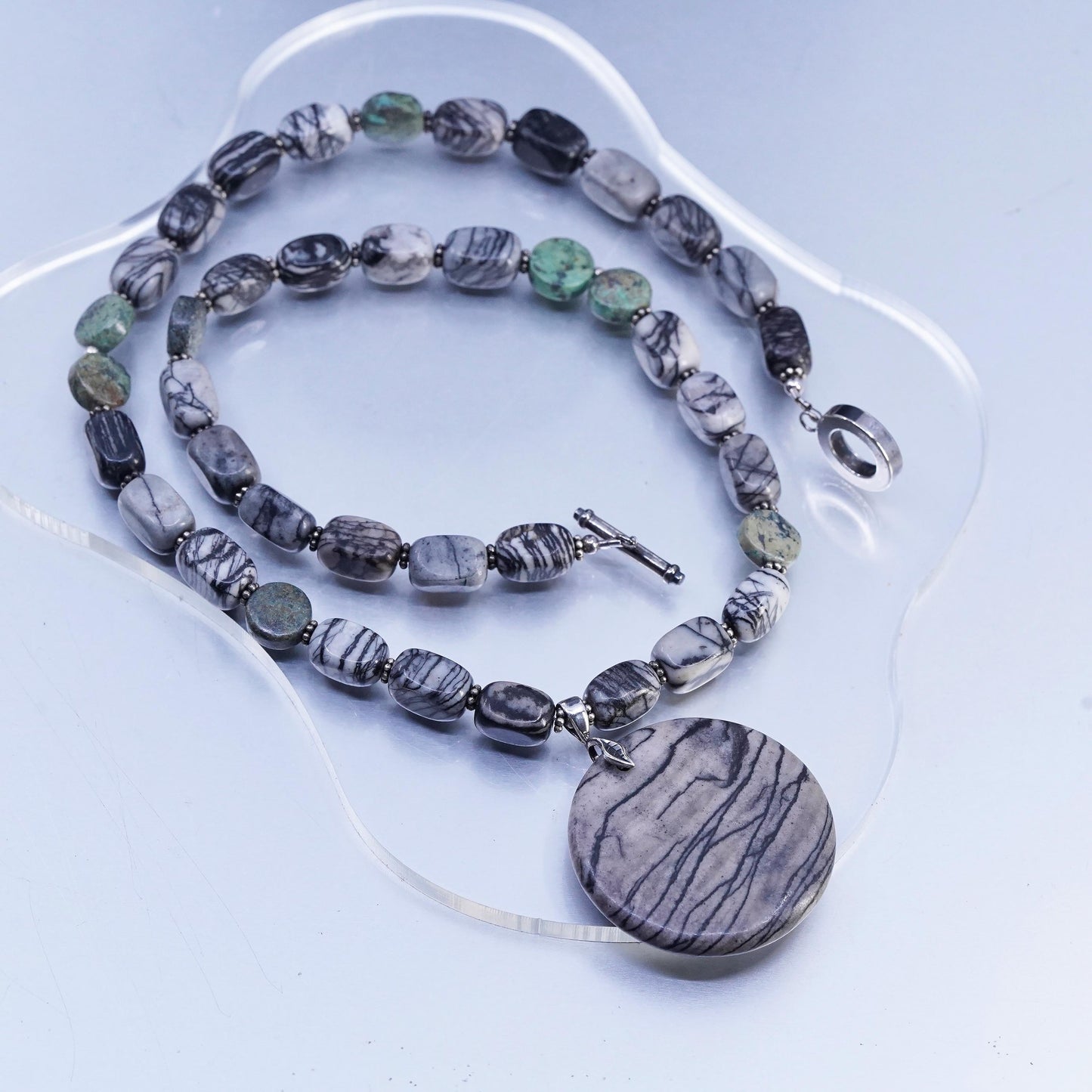 22” Vintage Sterling 925 Silver Picasso Jasper beads necklace round pendant