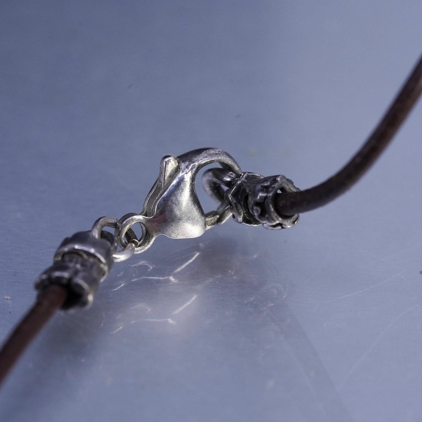 16", vintage 925 Sterling Silver Handmade brown Leather Necklace agate pendant
