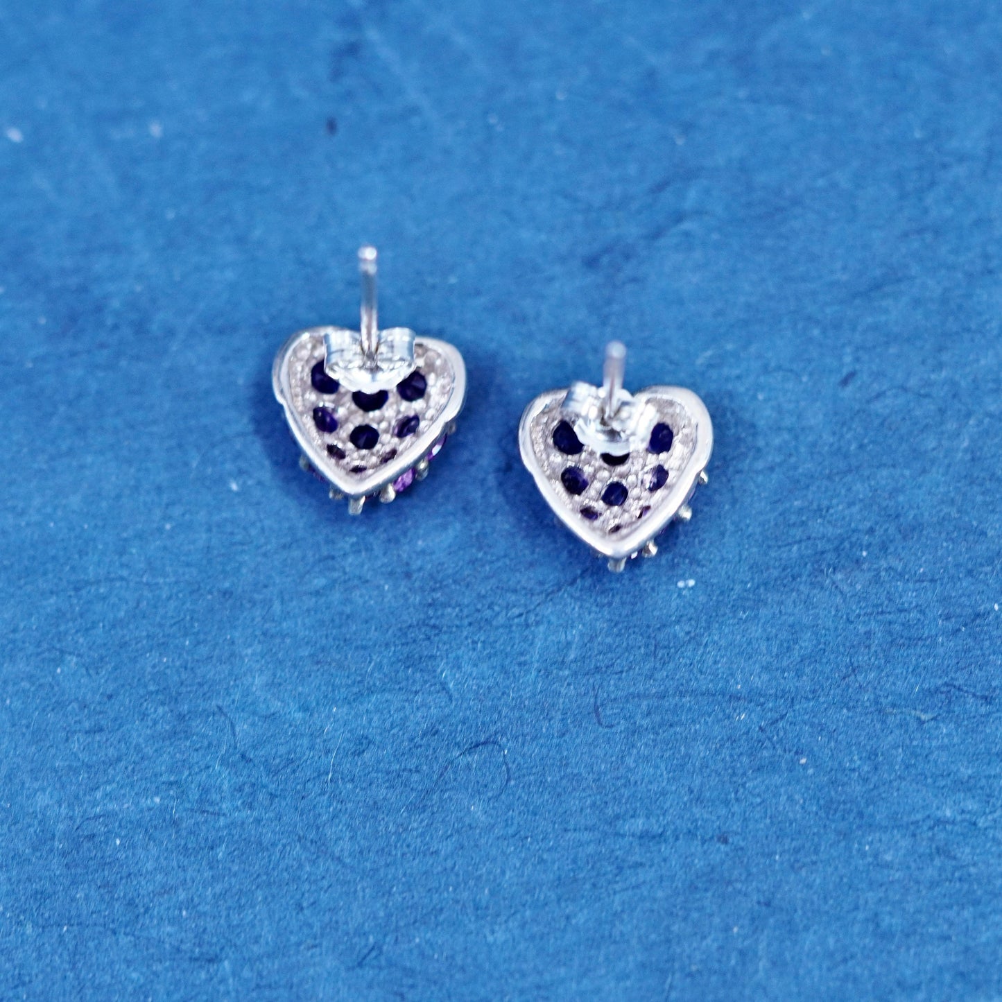 Vintage Sterling silver handmade earrings, 925 heart studs w/ cluster amethyst