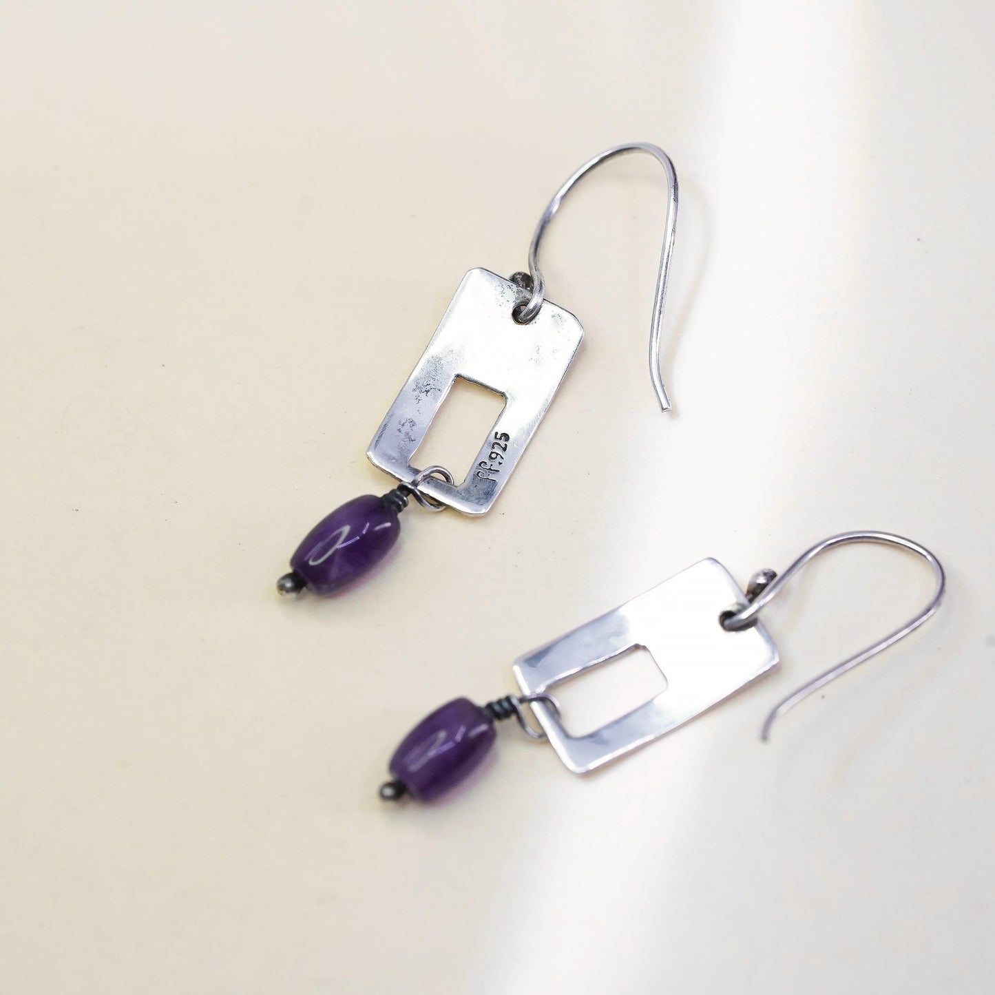 Vintage Far Fetched Sterling 925 Silver Handmade rectangular Earrings amethyst