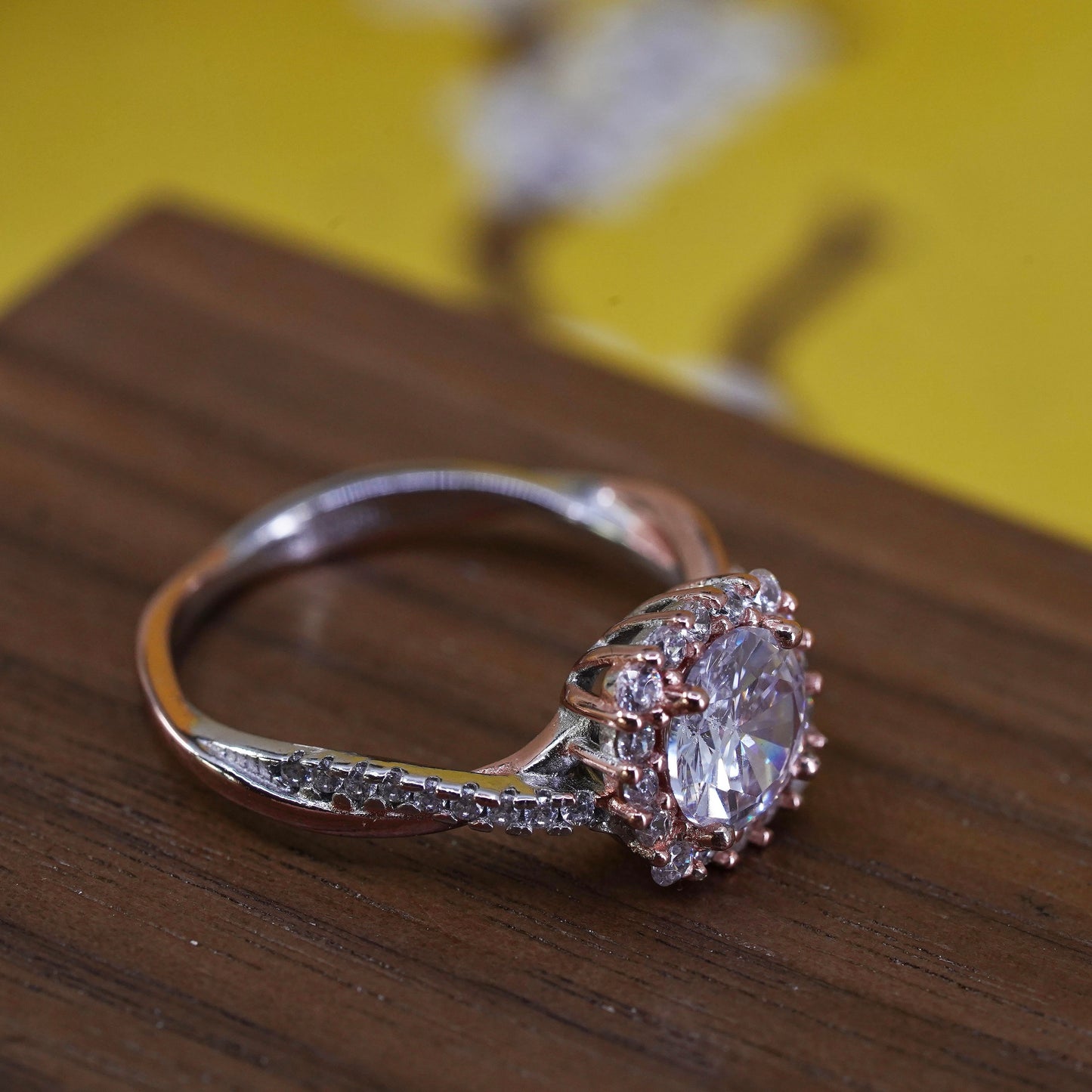 Size 7.5, vermeil rose gold Sterling 925 silver engagement ring cluster cz