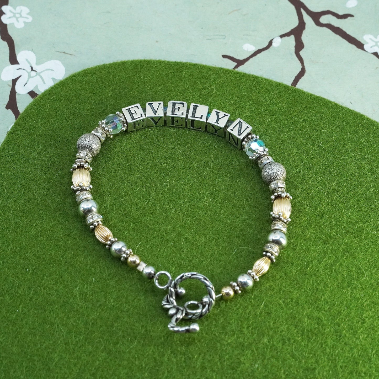 7”, 14K gold beads with Sterling 925 Silver beads bracelet name “Evelyn” cubes