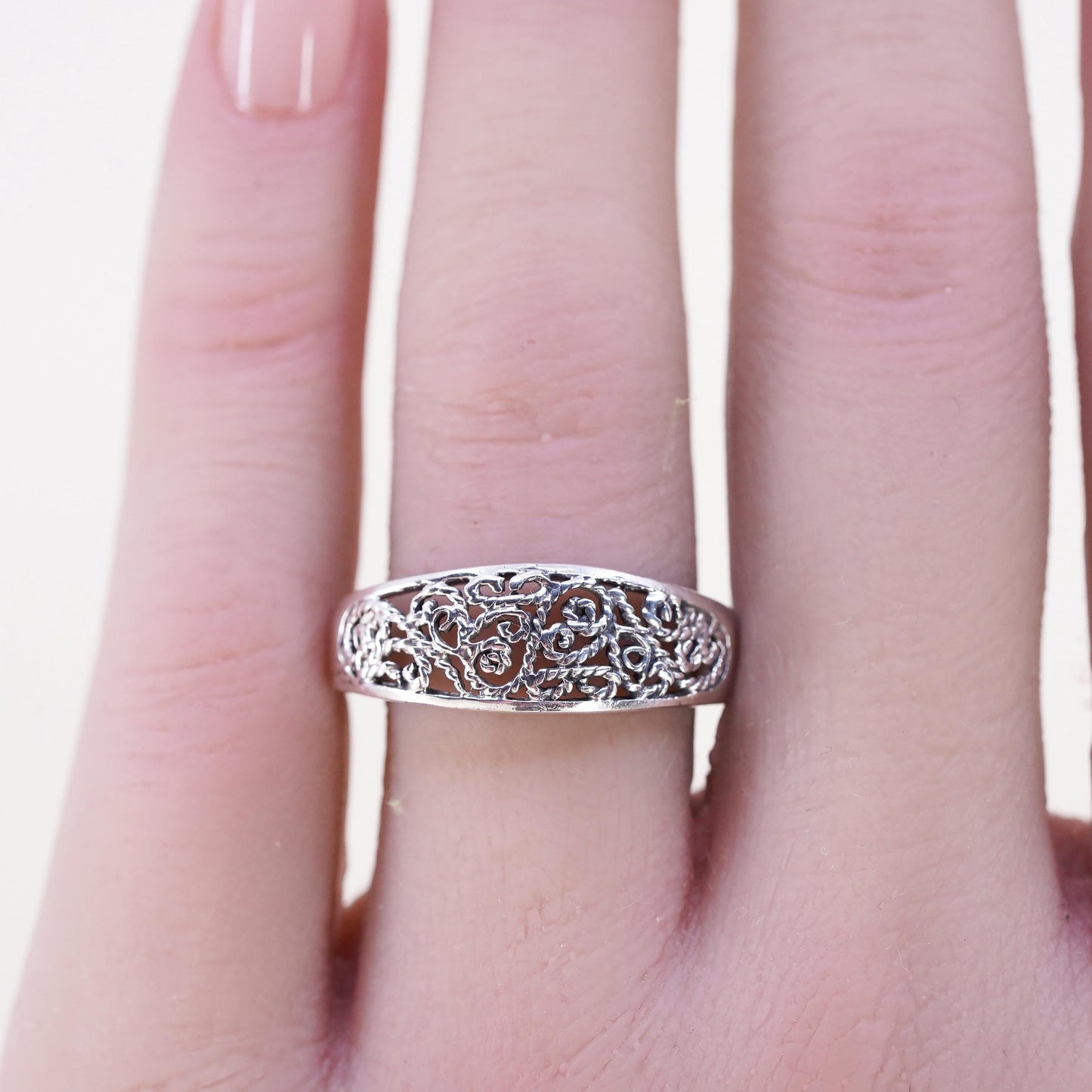 Size 9, Vintage sterling silver handmade filigree ring, 925 band