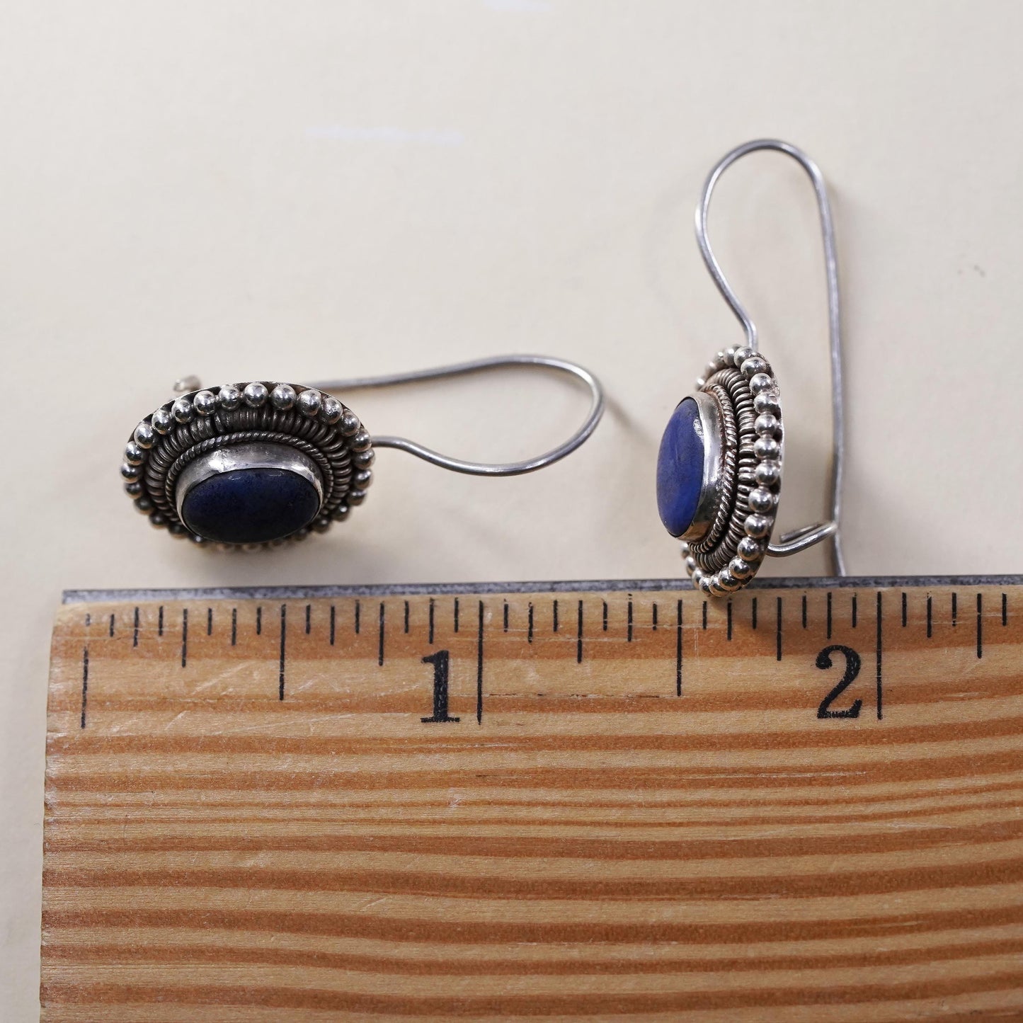Vintage Sterling 925 Silver Handmade earrings with oval lapis lazuli and beads