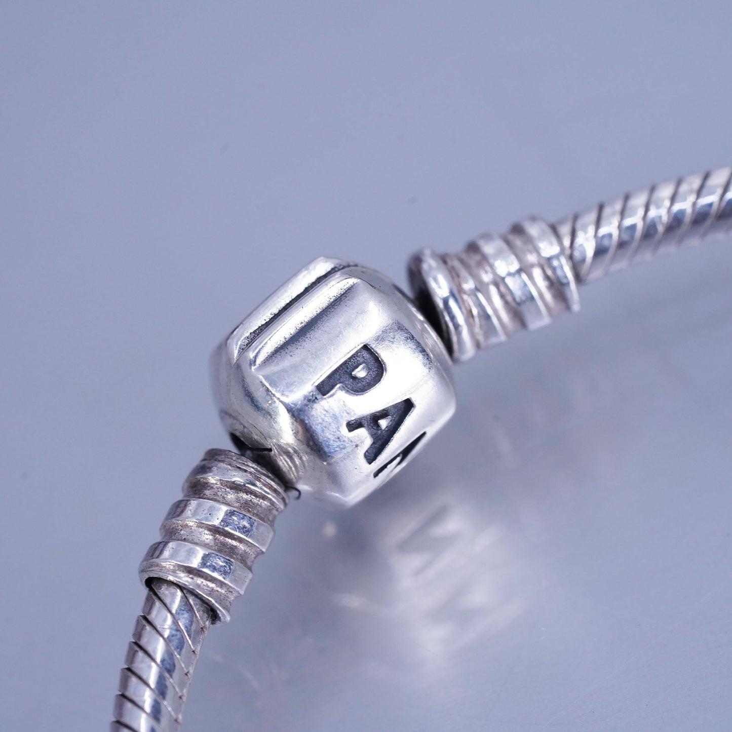 6.75”, Pandora Sterling 925 silver bracelet, bold snake link chain bead charm