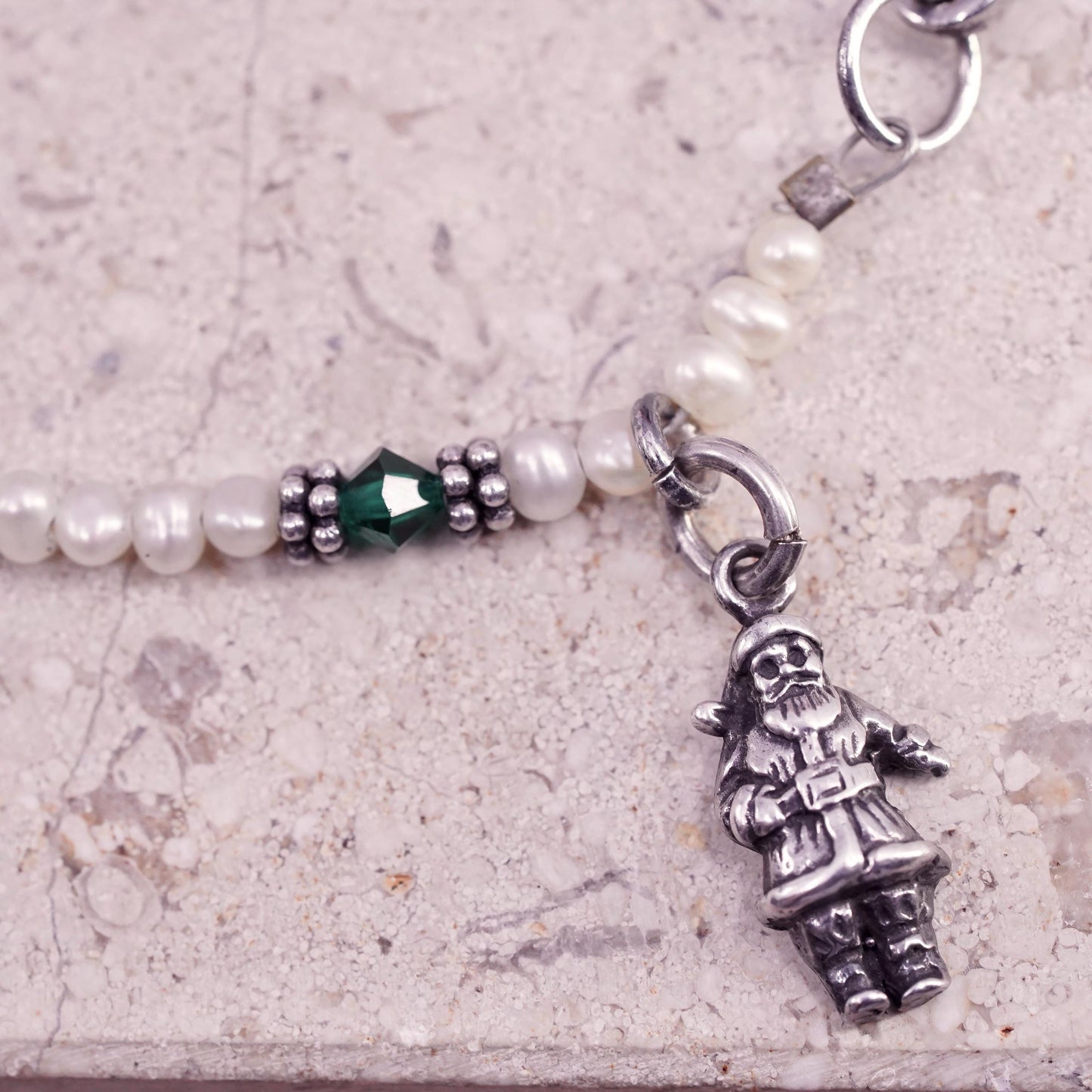 6.25”, vintage Sterling 925 silver bracelet with pearl beads and Santa charm